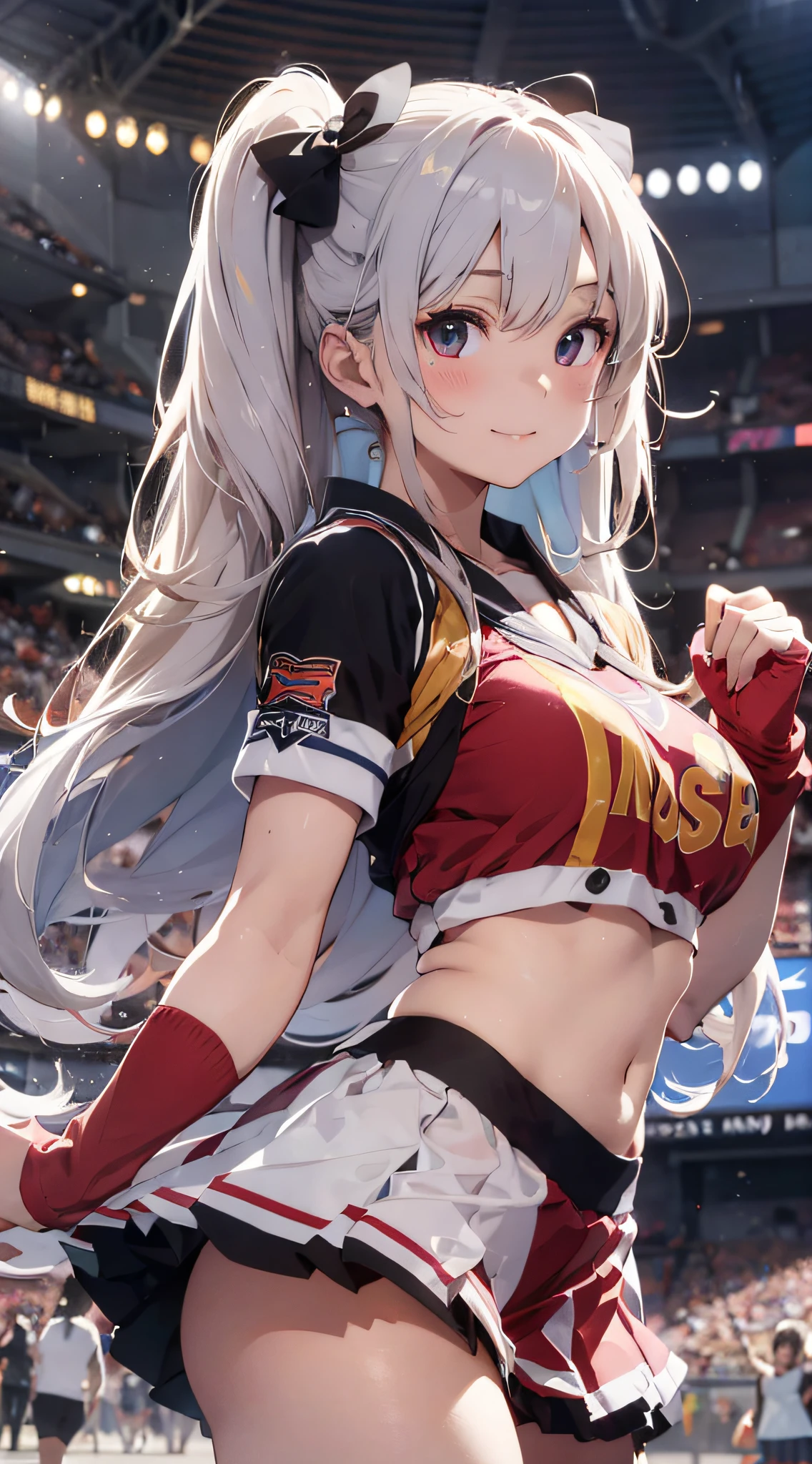 Ala Fed Asian cheerleader posing dynamically with large pom-poms in both hands in stadium、write、a closeup、cosplay foto、Anime Cosplay、tiny chest、Raw photography, top-quality, hight resolution, (masterpiece), (Photorealsitic:1.4), professional photograpy, foco nítido, nffsw, 8K分辨率, intricate detailes, depth of fields, the Extremely Detailed CG Unity 8K Wallpapers, front lit, girl with, beautiful supermodel, A smile、A slender、Mary Rose、Twin tail hair、Dense depiction、Korean style uniform、(posterior view)、Angle at which underwear can be seen、Peeking from below