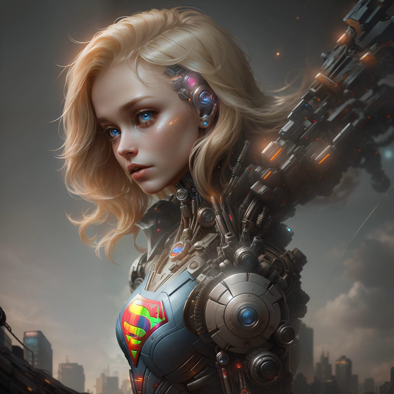 Supergirl Beautiful blonde, from DC photography, biomechanical, complex robot, full growth, hyper-realistic, insane small details, extremely clean lines, cyberpunk aesthetic, masterpiece featured on Zbrush Central