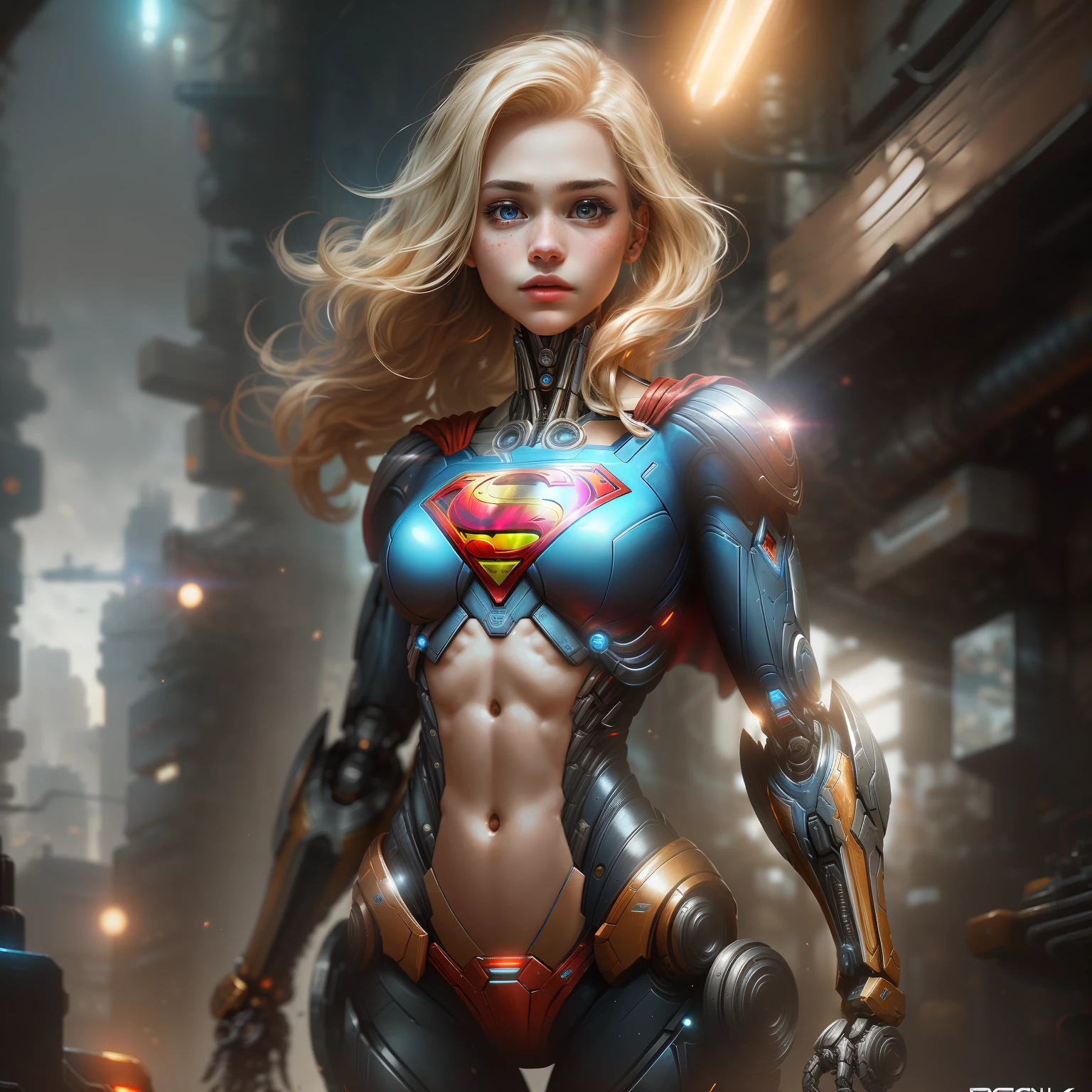 Supergirl Beautiful blonde, from DC photography, biomechanical, complex robot, full growth, hyper-realistic, insane small details, extremely clean lines, cyberpunk aesthetic, masterpiece featured on Zbrush Central
