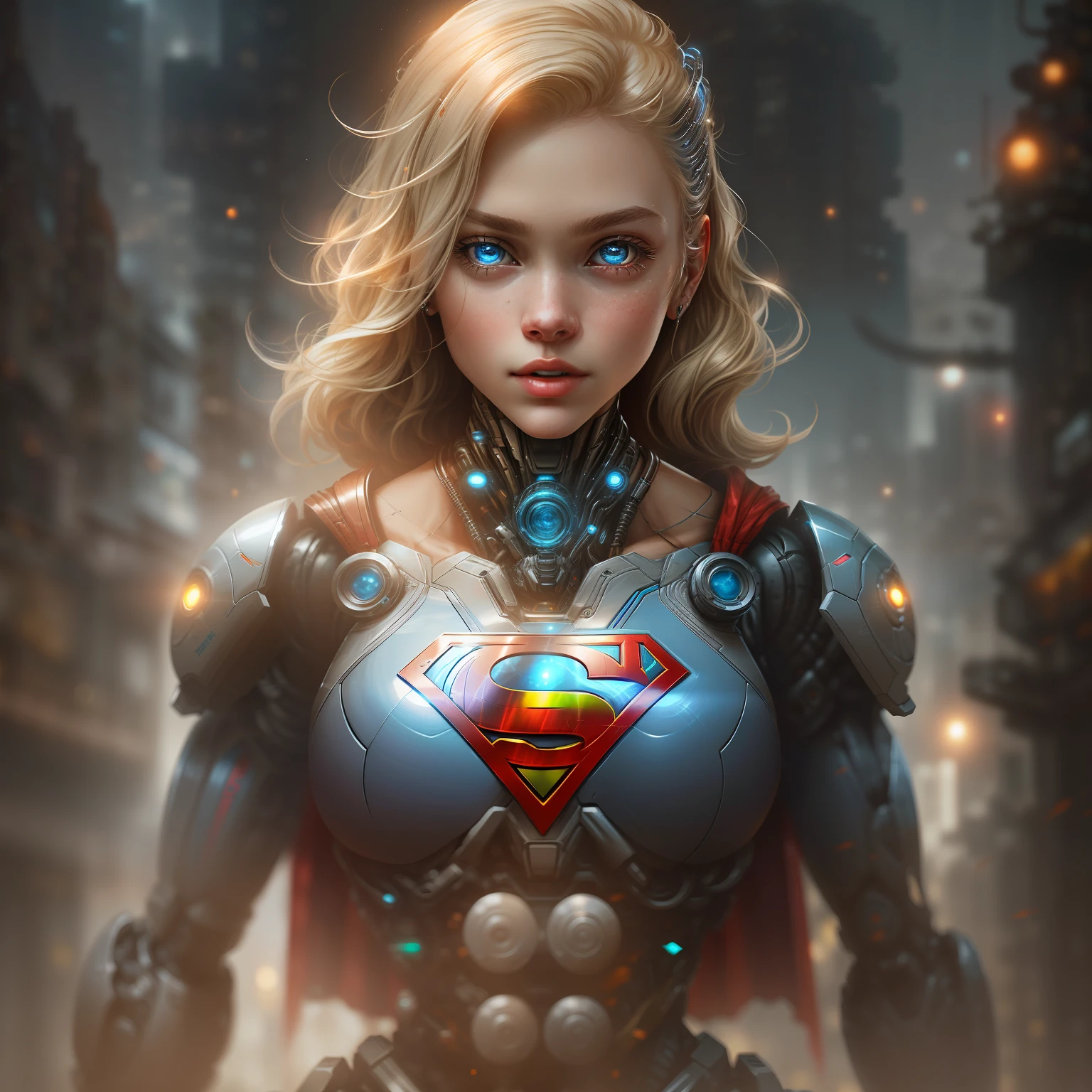 Supergirl Beautiful blonde, from DC photography, biomechanical, complex robot, full growth, hyper-realistic, insane small details, extremely clean lines, cyberpunk aesthetic, masterpiece featured on Zbrush Central