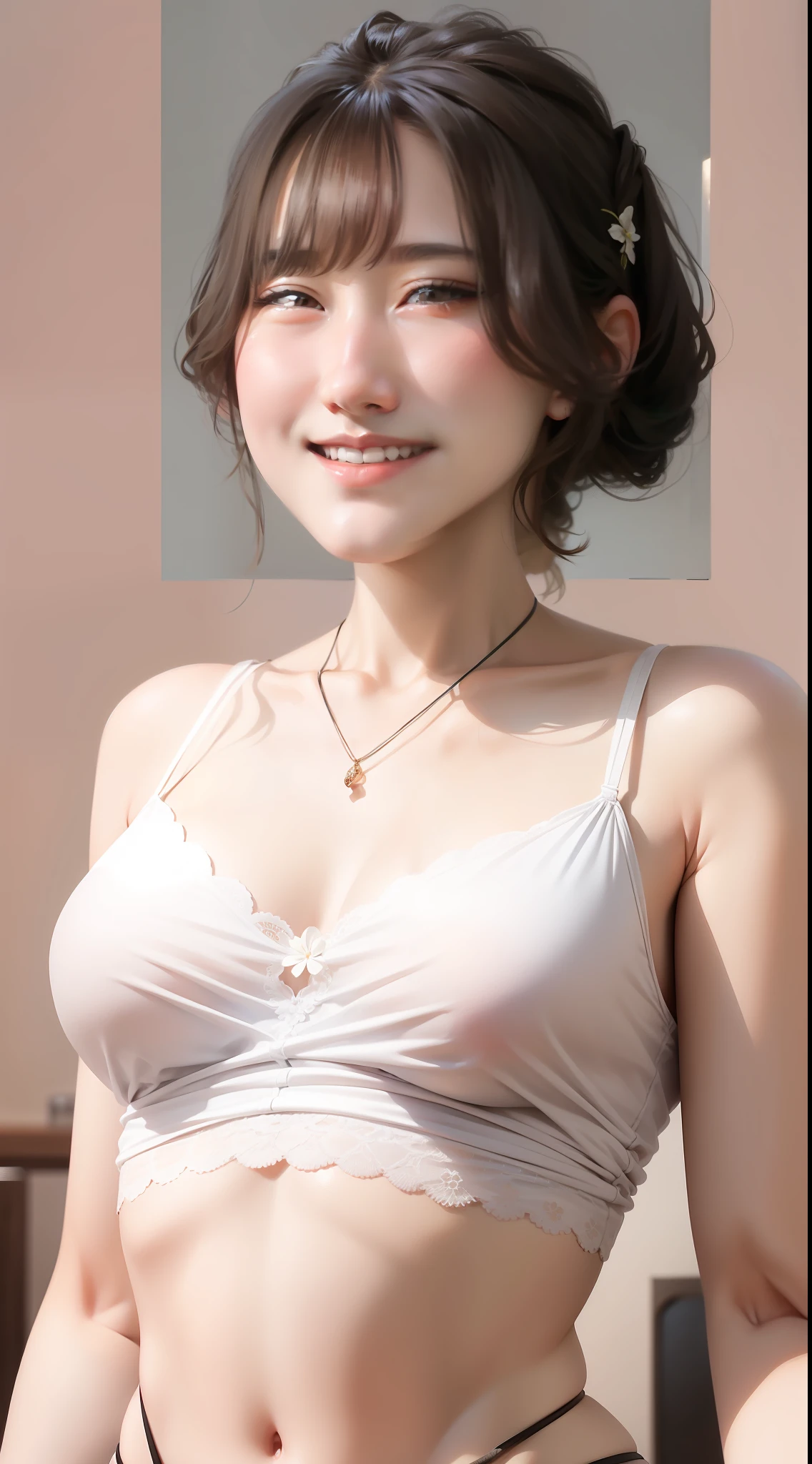 best qualtiy、masterpiece、(extremely delicate and beautiful:1.2)、 blurry backround、looking at the viewers、 1girl in、独奏、undergarment、String Camisole、(suspension:1.6)、Chest out、Arms tied、arms back、Petite and delicate figure