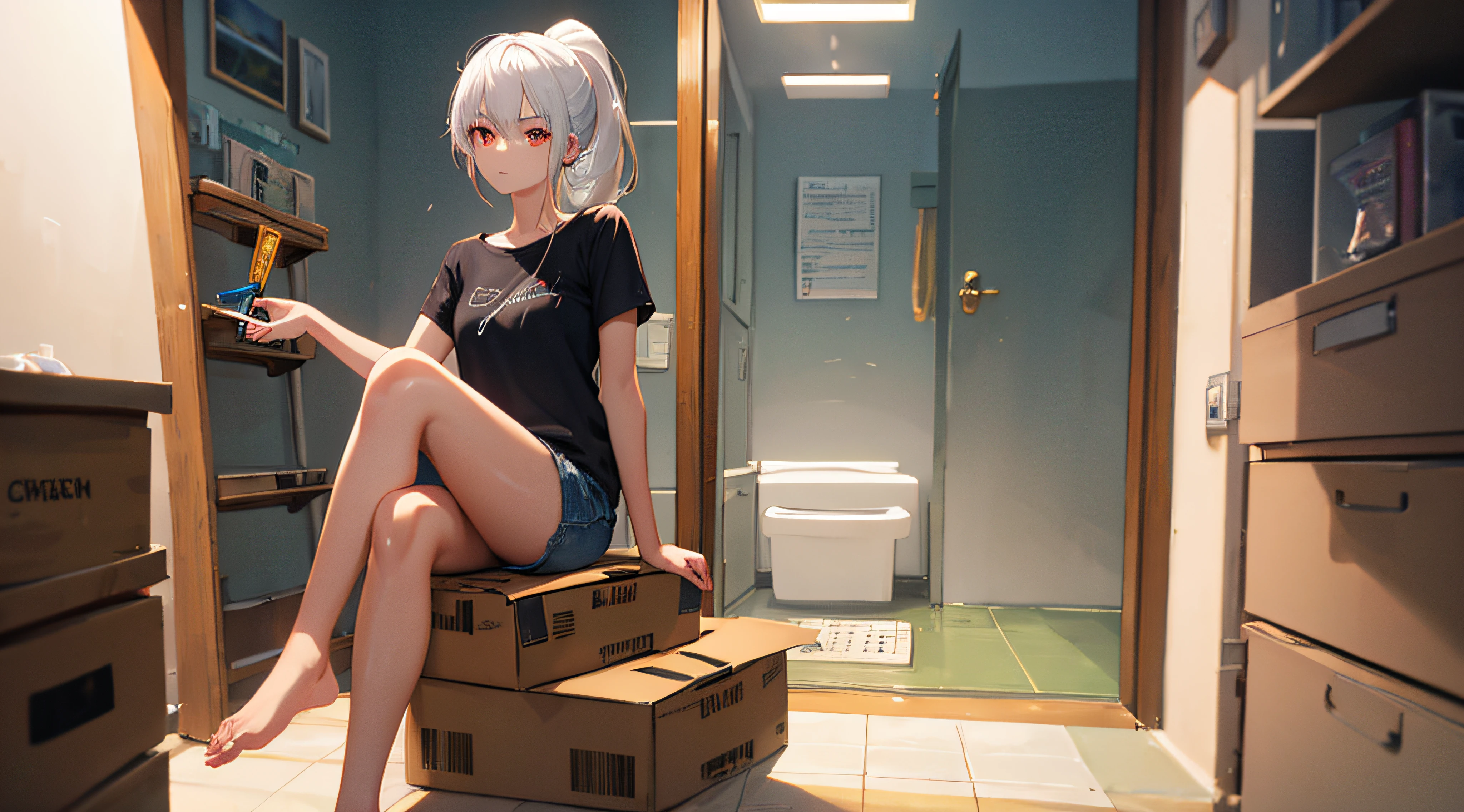 ((masterpiece))),(((best quality))),(((extremely detailed))),illustration, 1girl,solo,mysterious,vivid color,shiny, (white hair),(red eyes), full body,barefoot,ponytail hair, bathroom, badass, serious face, casual outfit, (((Box composition))), detailed eyes, hyper detailed, highly detailed, beautiful, small details, ultra detailed, best quality, intricate, 4k, 8k, good anatomy, best anatomy, beautiful lighting,