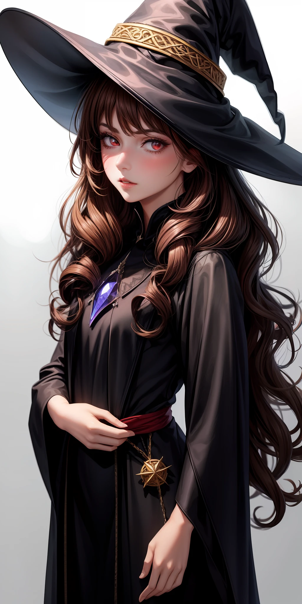 realistic, 1girl, brown hair, red irises, glowing red irises, red eye color, parted lips, blush, invisible background, straight hair, long hair, curled ends of hair, curly strands end, straight hair in back, flat chested, black robes, witch clothes, black witch hat, black witch clothes, witch, fully clothed, (irises red), full witch robes, modest, portrait