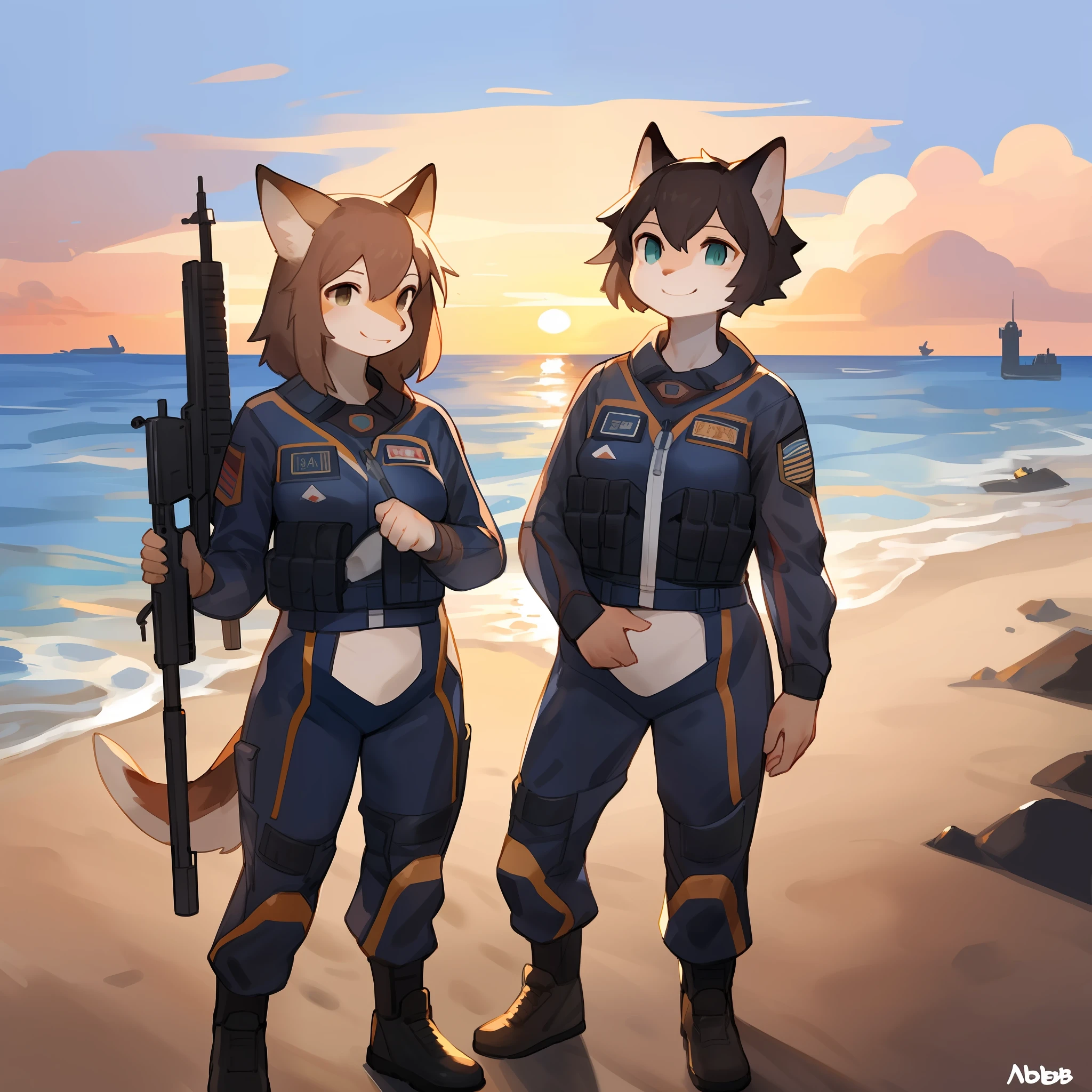 Group photo, female, military uniform, spacesuit, smiling, hair, a diverse cast of anthro characters standing on the beach while holding rifles, beach, sunset, waves, by bebebebebe