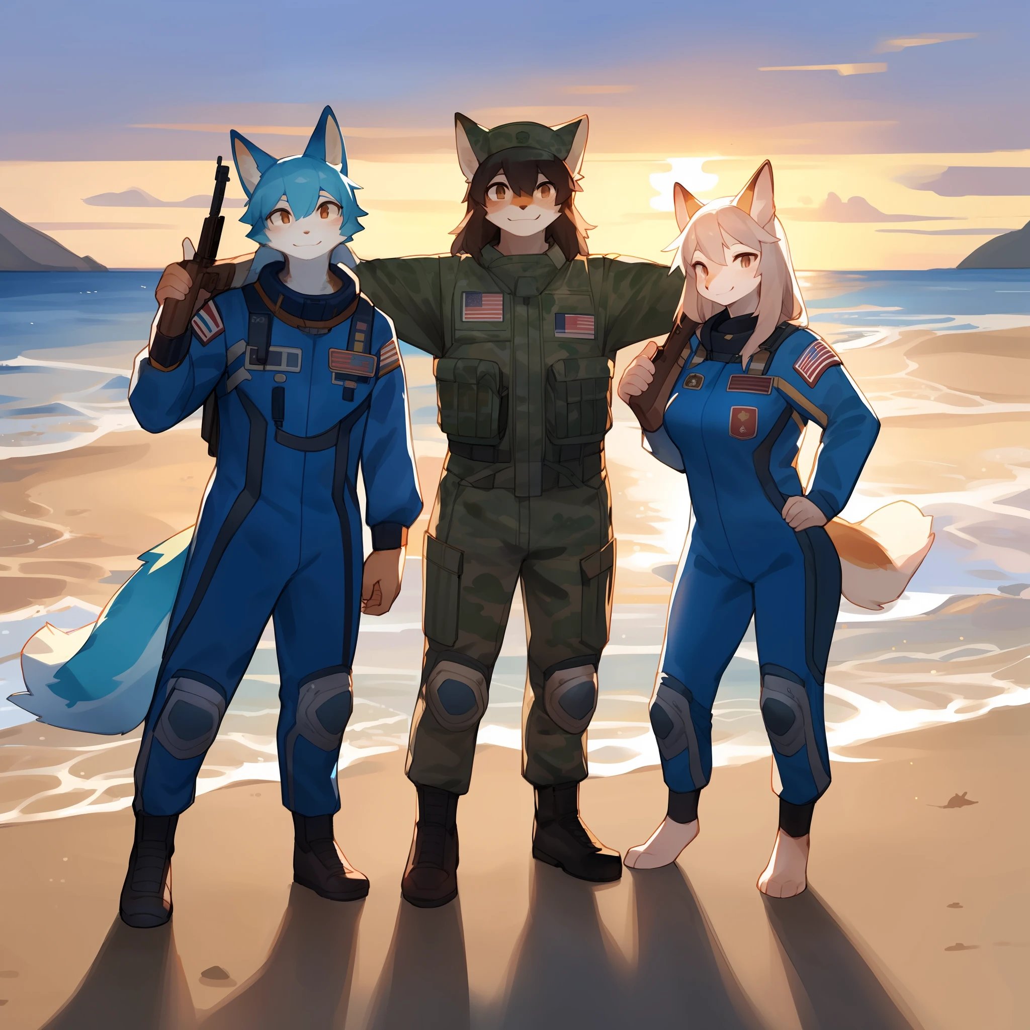 Group photo, female, military uniform, spacesuit, smiling, hair, a diverse cast of anthro characters standing on the beach while holding rifles, beach, sunset, waves, by bebebebebe