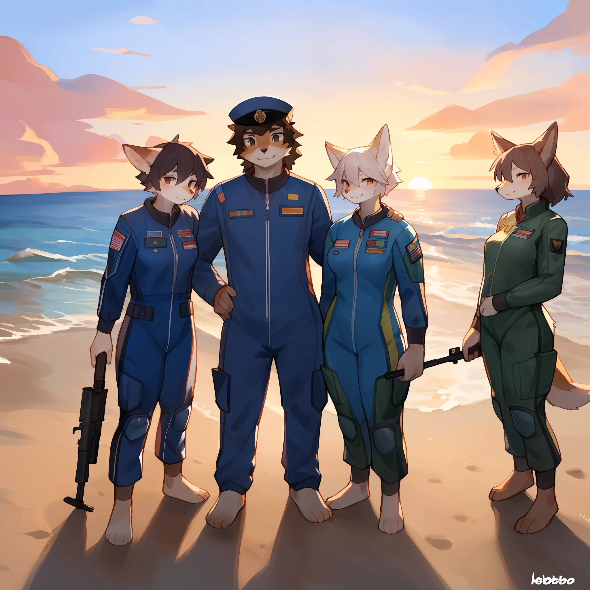 Group photo, female, military uniform, spacesuit, smiling, hair, a diverse cast of anthro characters standing on the beach while holding rifles, beach, sunset, waves, by bebebebebe