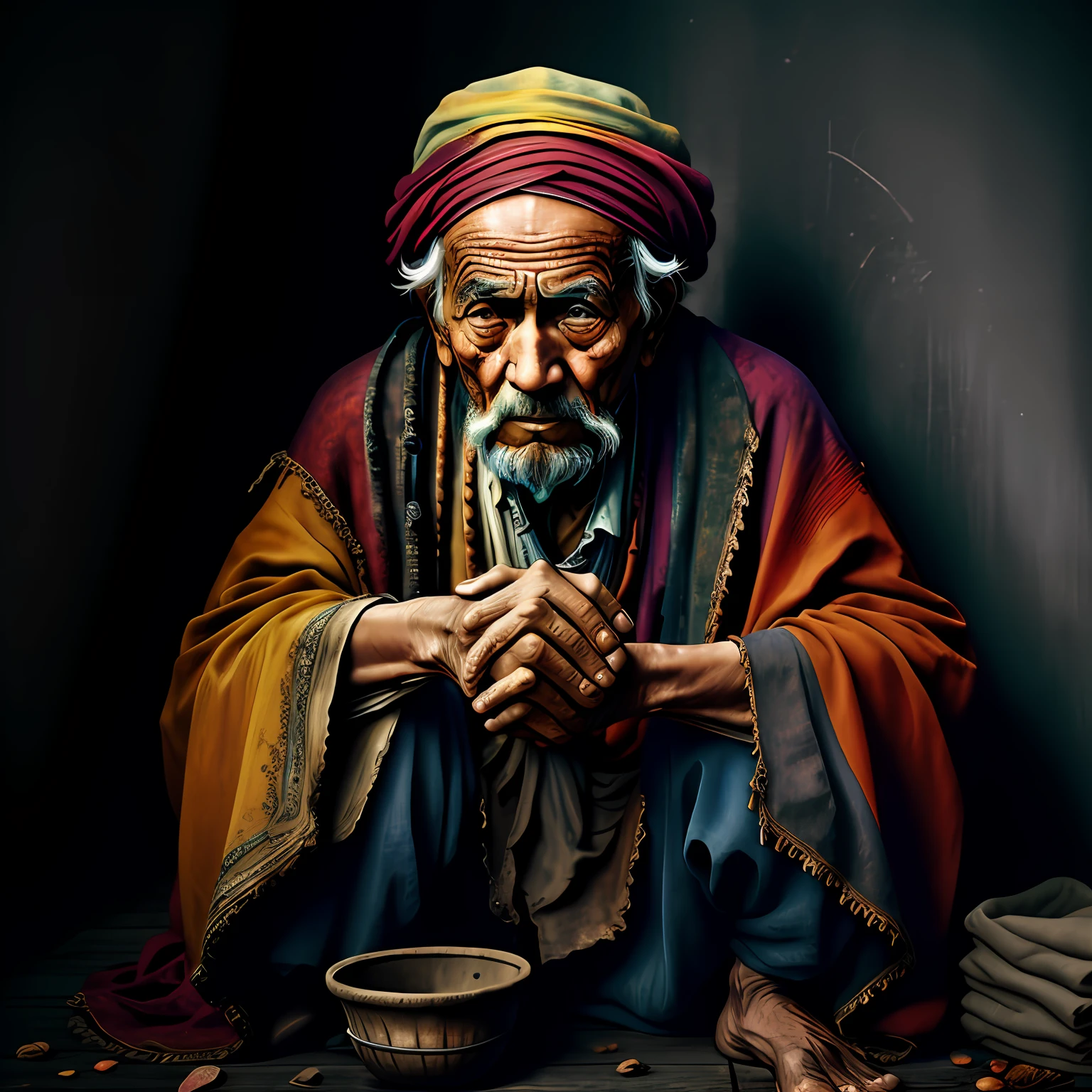 An old beggar, colorful,
yang08k, photography, beautiful,  black background,
masterpieces, top quality, best quality, official art, beautiful and aesthetic,  realistic,