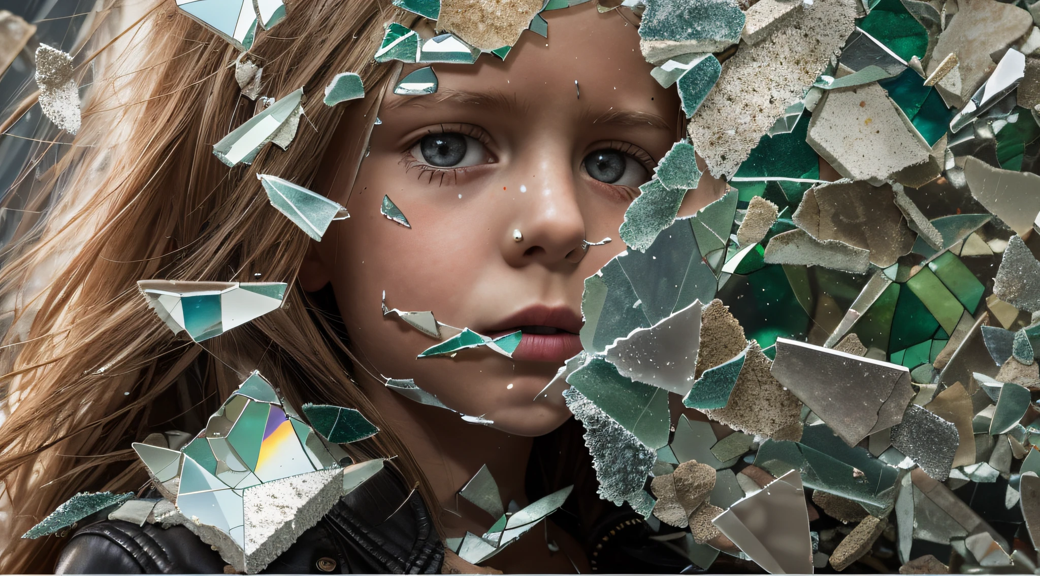 GIRL Russian child with 10 years, blonde long hair, closeup, in a black leather jacket, a closeup of a broken glass window with a black background, shattered glass, broken glass, broken glass ( (sun rays) ), glass breaking, vivid broken glass, a million shards of broken glass, photo of broken glass, shards of glass strewn about, shards of glass, broken, cracked glass, sharp glass shards, composition of broken mirrors, broken mirror