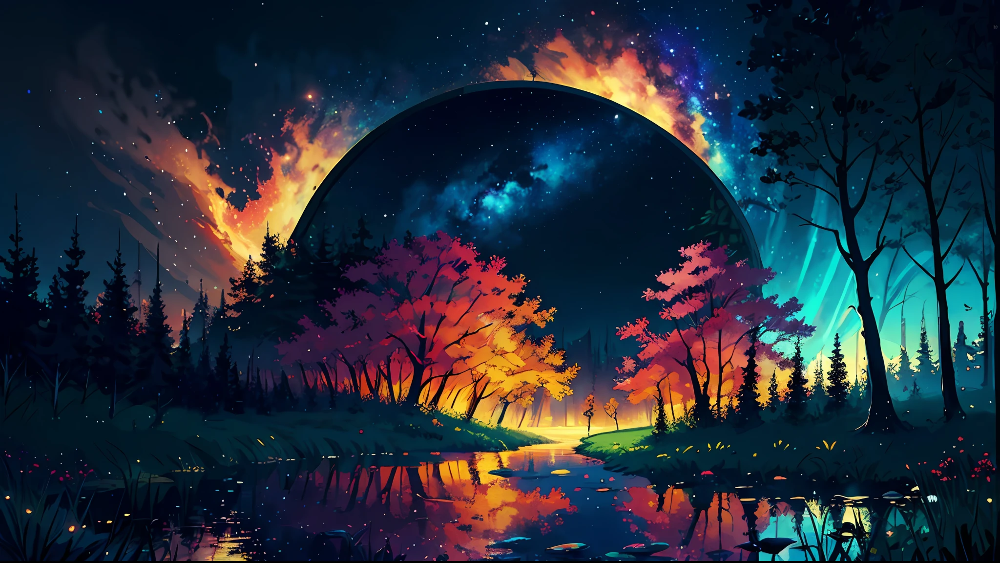 illustration, cartoon, soothing tones, calm colors, (anime), (illustration), cartoon, detailed, masterpiece, beautiful landscape, forest, pond, pathway,night, nebula, starry sky, 8k, best quality, dark shot, detailed