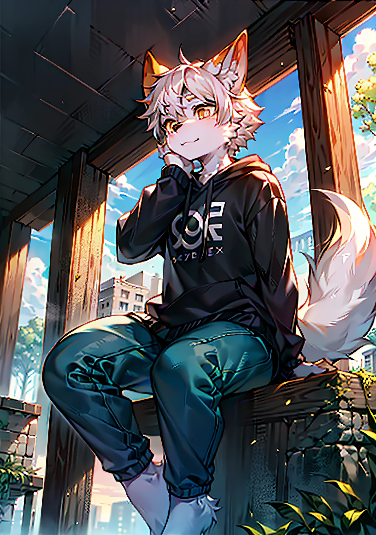 Bright eyes,Prominent characters,Detailed drawn background(Weight 0.7),
Unique characters,hairy bodies,Fluffy tail,White fur,
Heterochromic eyes,Long white hair,thick bushy eyebrows(Weight 1.2),
Canine home attendant,Characters with orc characteristics,Wear a sweatshirt,holding a scythe(Weight 1.2),
Sitting on the ruins on a rainy day(Weight 1.1)。