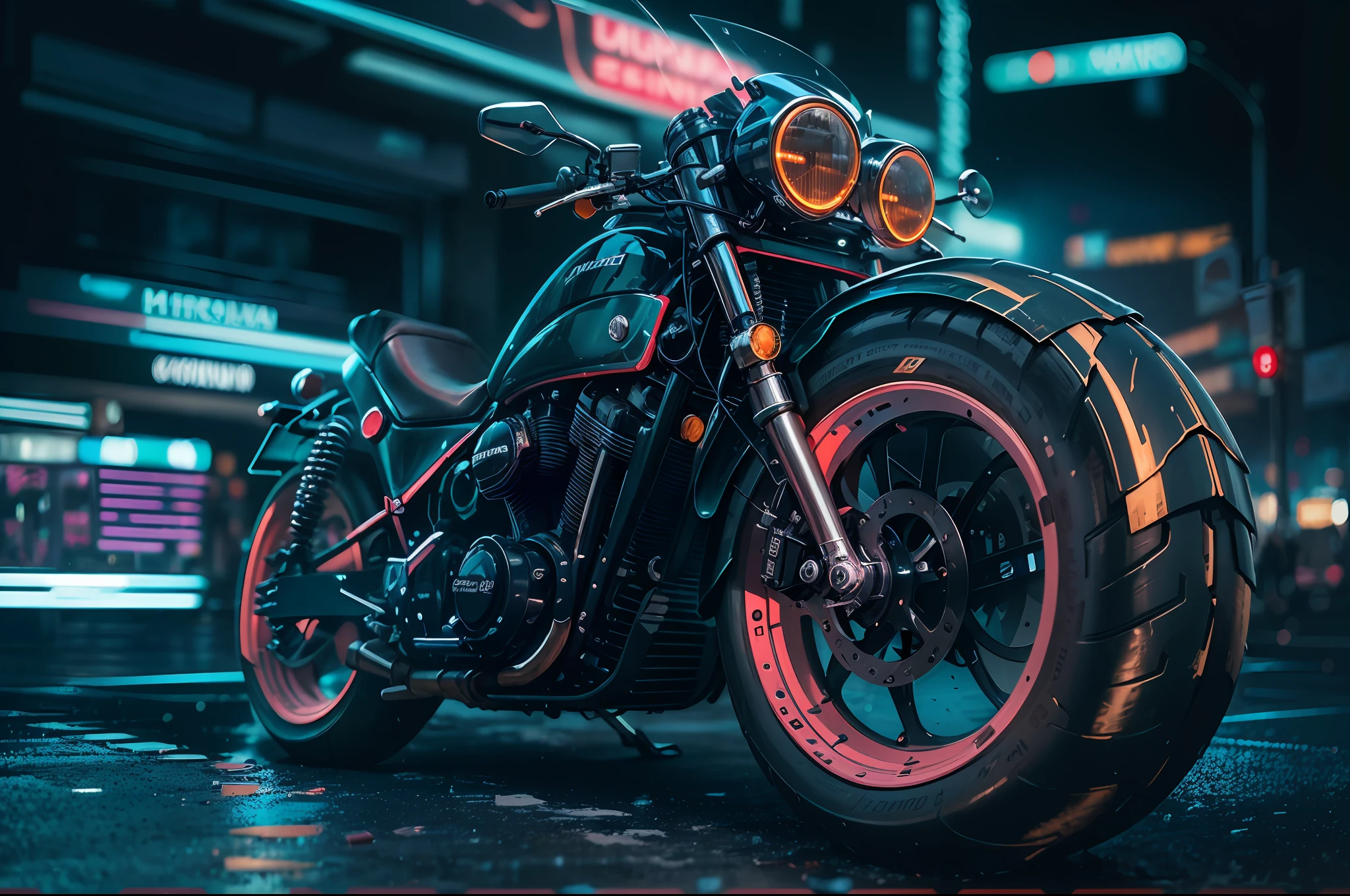 motorcycle, future, prototype, Style: 16k, Night metropolis in neon lights, Wet, cyberpunk art, acrylic art, (Realistic), Without people, Without nations, Raw, .SVG,