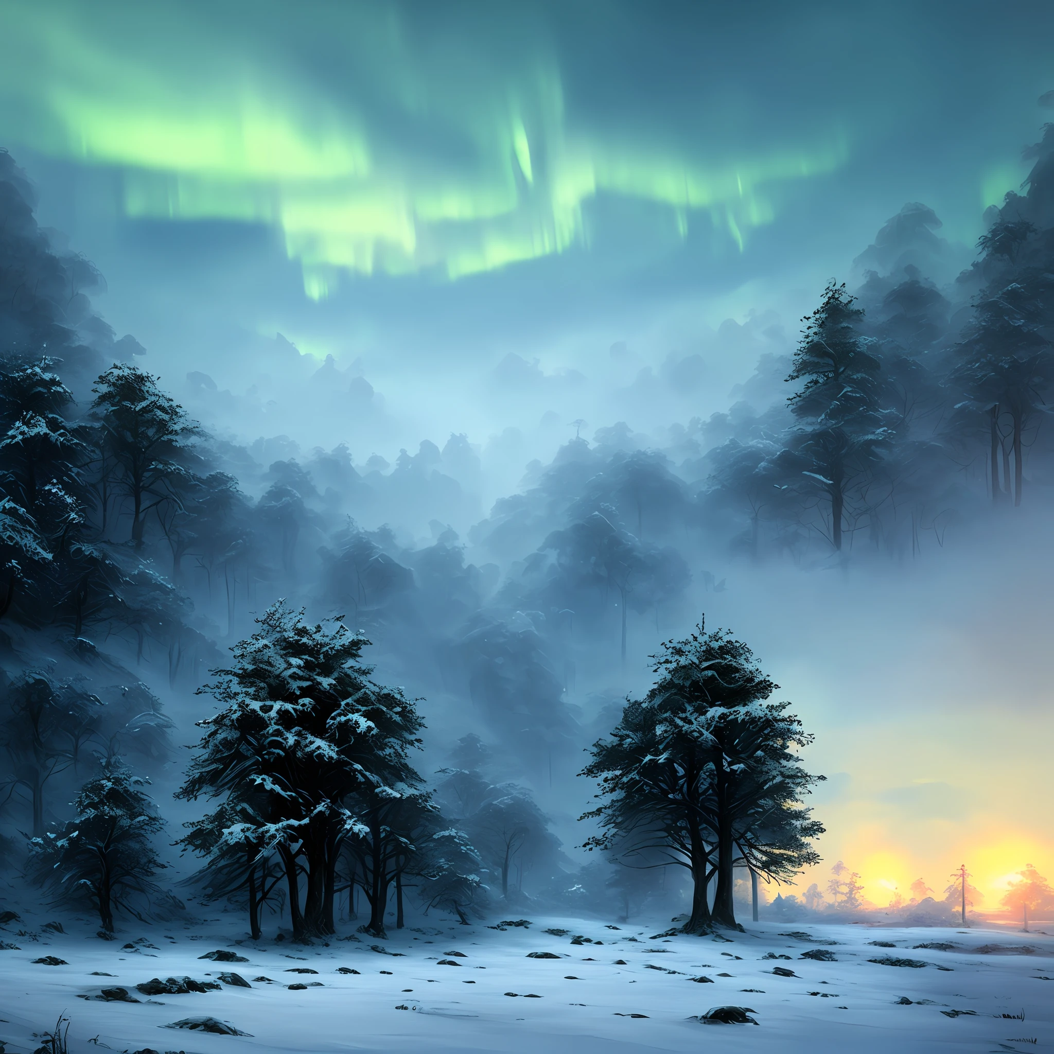 (obra-prima), Icy Forest, (decrepit scenery), perigo, aurora, (arte de [Bastien Lecouffe-Deharme|Caspar David Friedrich]:1.2), (Unrealistic engine rendering, pintura fotorrealista, fotorrealismo:1.2), (misterioso)