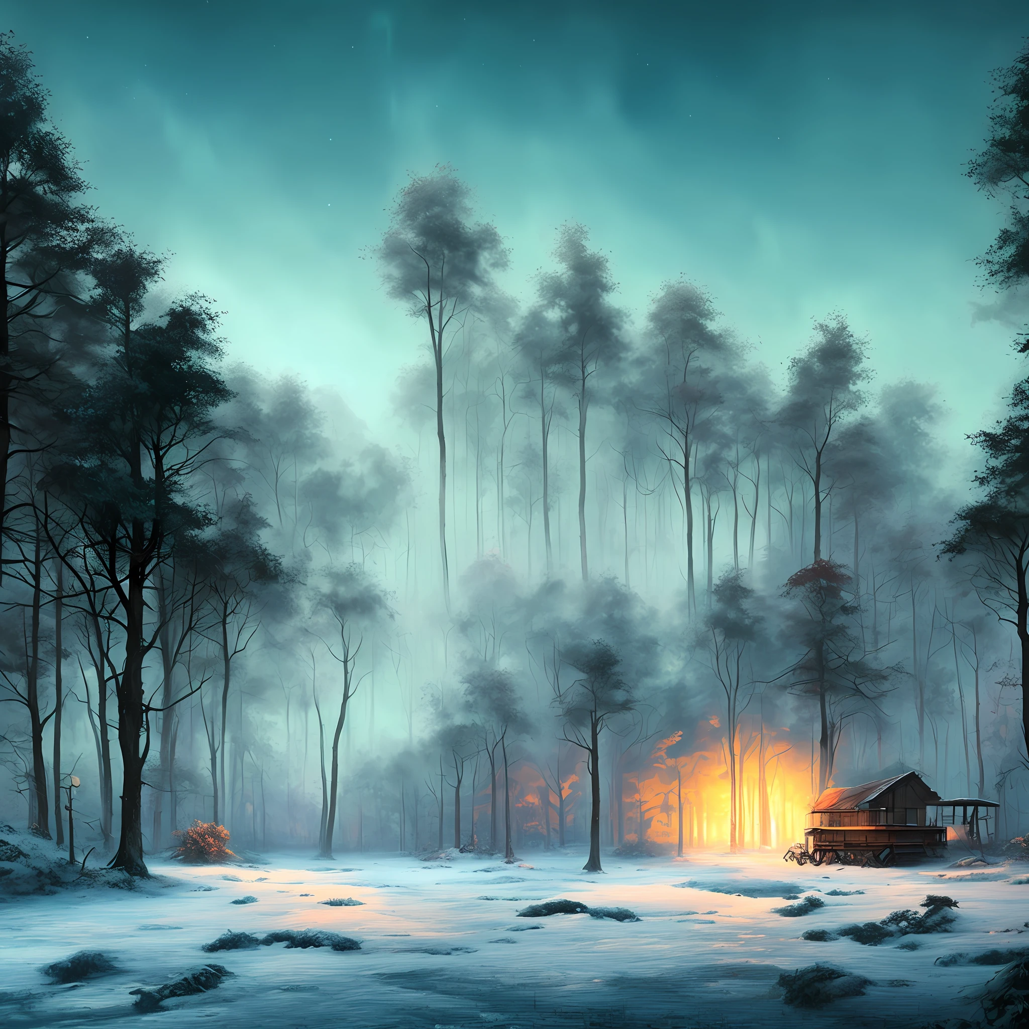 (obra-prima), Icy Forest, (decrepit scenery), perigo, aurora, (arte de [Bastien Lecouffe-Deharme|Caspar David Friedrich]:1.2), (Unrealistic engine rendering, pintura fotorrealista, fotorrealismo:1.2), (misterioso)