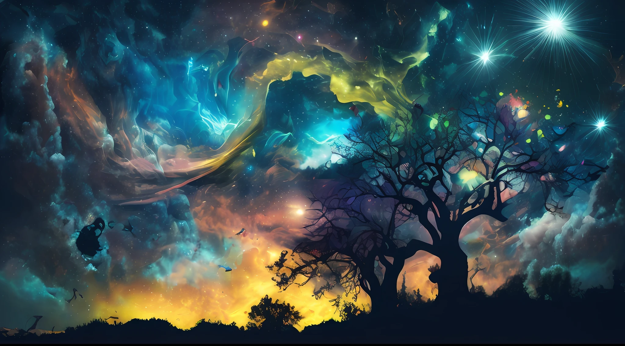 Incredible and spectacular scene, a "((high quality)), (detailed)), ((fantasy)), illustration, perspective (45 degree tilt angle), theme (enchanted forest style), scene elements (handsome boy, beautiful girl), picture quality (3D rendering effect), exquisite details, beautiful lights "emerge from glowing clouds, fractal nebula lines, cosmic entities, celestial bodies, universes, vibrant and vivid, swirling, rotating, impractical, high contrast, co-metabolic, magical, mysterious, mysterious, surreal, Oversaturated, colorful