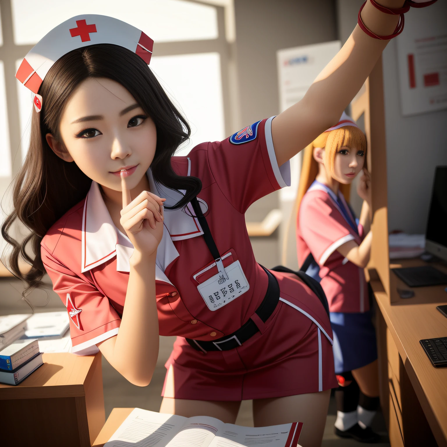There is a woman in a nurse's uniform standing posing to face the audience for a photo, nurse girl, realistic cosplay, trending on cgstation, professional cosplay, nurse costume, Nurse, cosplay foto, trending at cgstation, Anime girl cosplay, close - fitting nurse costume, Surrealism female students, Surrealism female students, Anime girl in real life, By Fei Danxu, Anime cosplay --auto