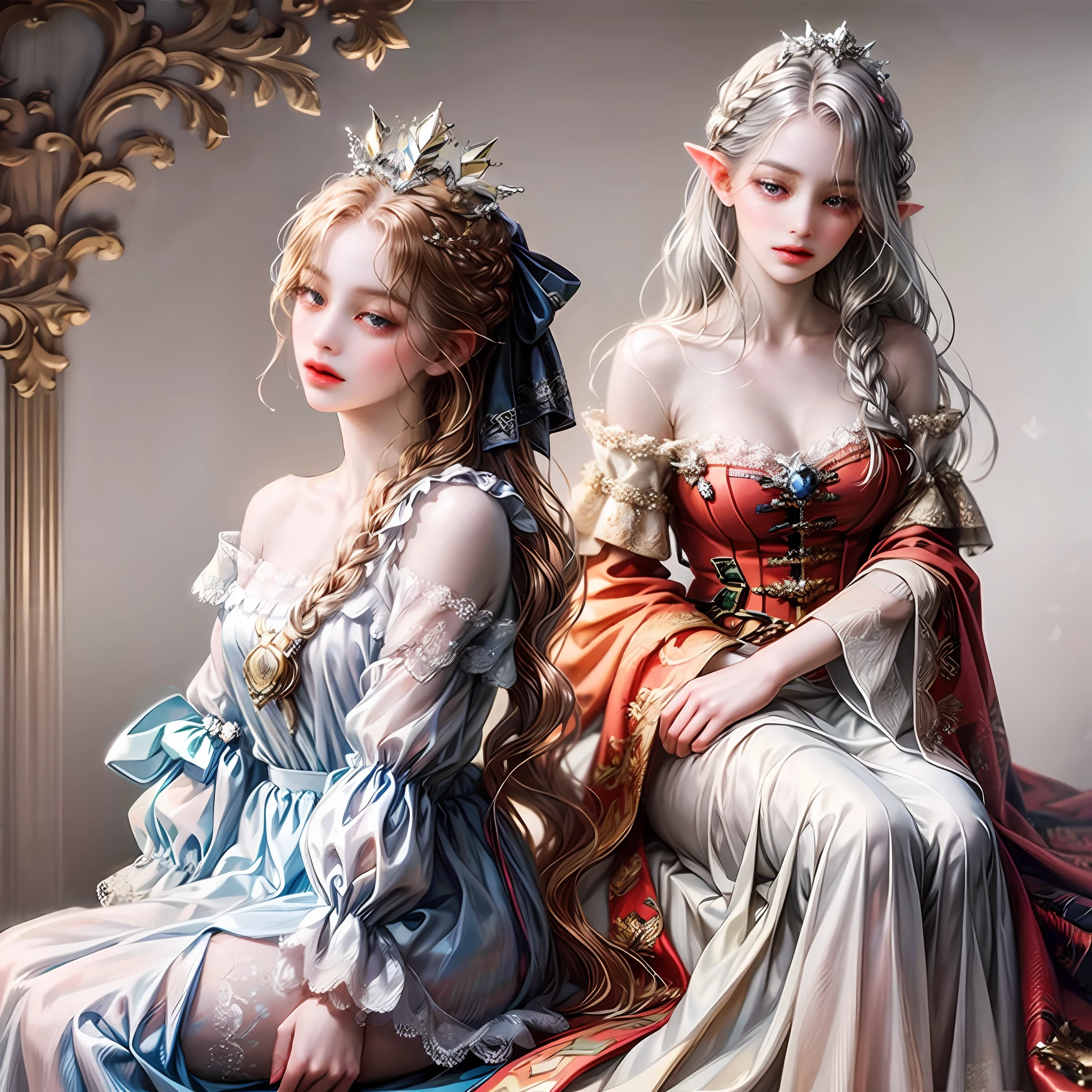 Best quality, highly detailed, masterpiece, ultra detailed, (reality: 1.2), 1 girl, (white background), simple background, delicate eyes, silver hair, purple eyes, hair_ornament, (white off-the-shoulder shirt: 1.3), long hair, pointy_ears, crown_braid, expressionless, straight hair, (++ sitting: 1.2), room, --auto