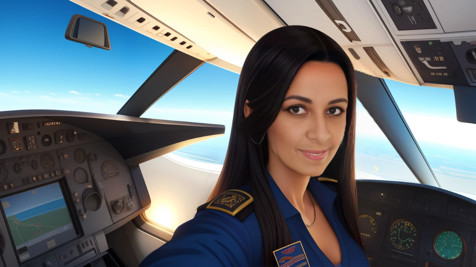 mulher bela ,Awesome,cabelo preto ,airplane pilot , uniforme , beautiful scenery , Looking at the camera - V6