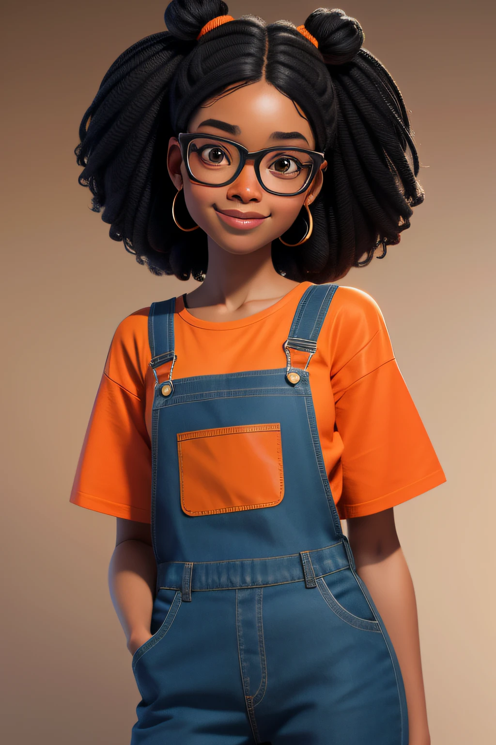 Draw a young black girl in 3D, around 20 years old, with a student-style appearance. She wears an orange t-shirt and blue overalls. Her prescription glasses enhance her intelligent gaze. Her hair is a beautiful Blackpower style, fashioned into two well-made buns. Depict her facing forward, with her face turned towards the viewer, conveying joy and confidence with brown eyes