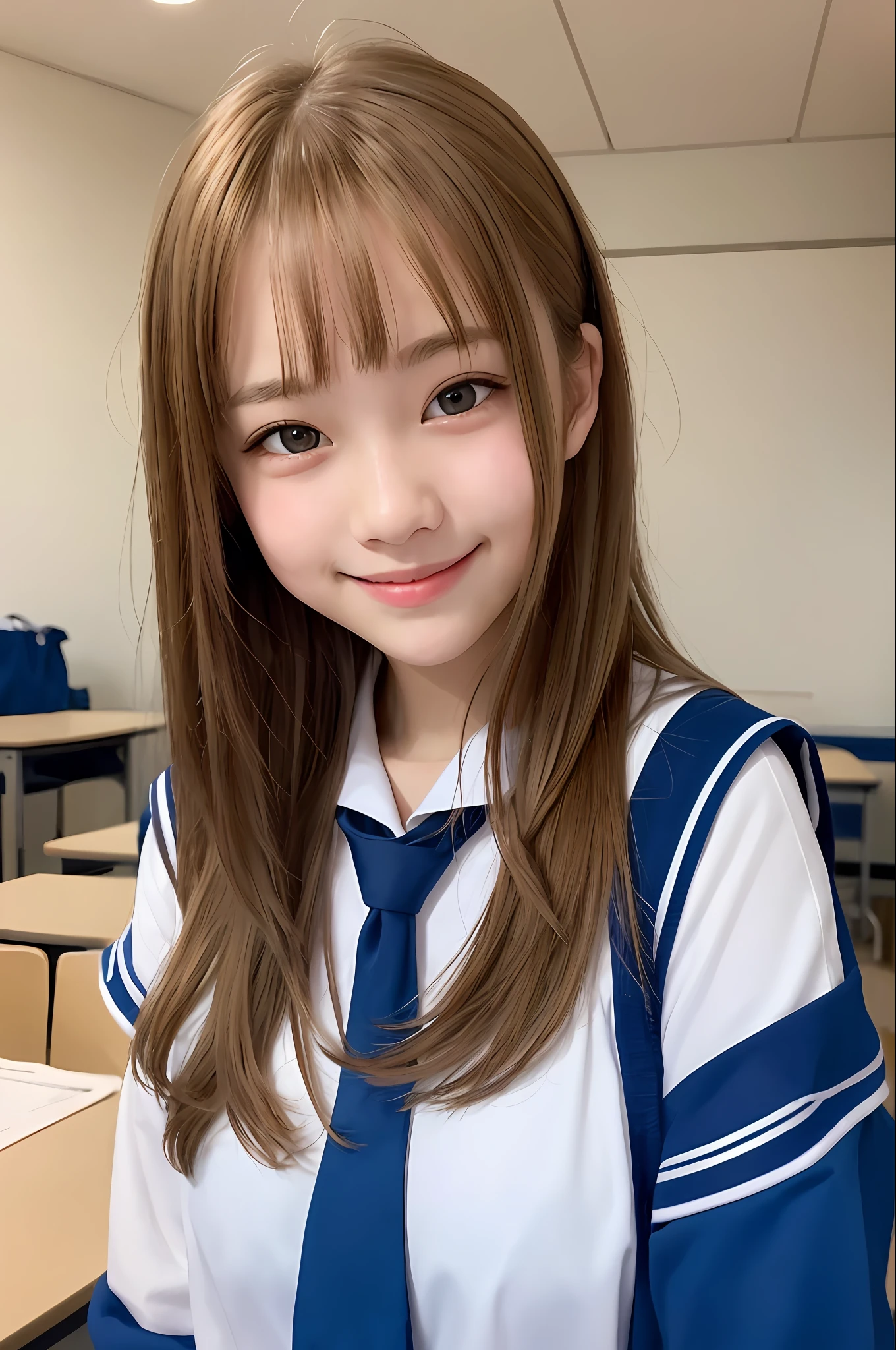 1girl, cute, 16 years old, smiling, look at viewer, sailor uniform, seifuku, photo, realistic, best quality, hires, detailed face, classroom, detailed background, diffused lighting, depth of field, bokeh