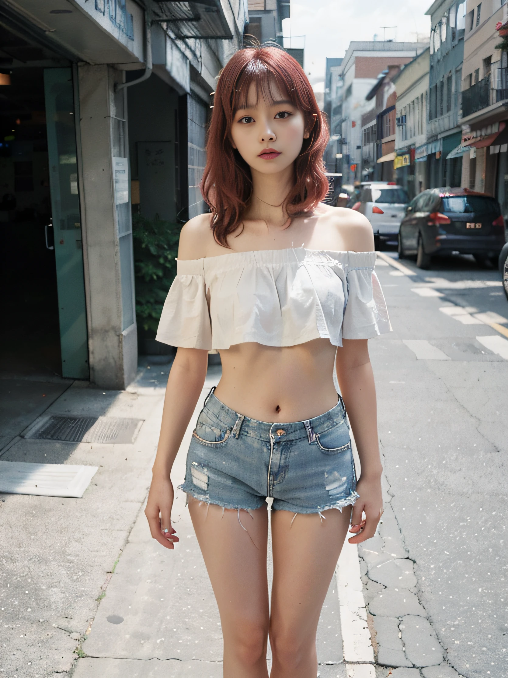 1 Girl, full body photo, white T-shirt, off-the-shoulder，Wearing sneakers, Come face to face ，wearing denim shorts, photo of slim girl model, asymmetrical bangs, Pink hair , red hair, small breasts, naturally walking on the street in fashion, Korean women's model, casual wear style, Fashion style, trendy clothes, solo, Detailed background, street fashion clothing, Modern fashion clothing, sexy girls wearing shorts, street fashion clothing, simple style, very beautiful slim legs, Photorealistic, street photography, masterpiece, realistic, realistic, photorealistic, high contrast, art station 8K, Hd realistic digital art trend, detailed, skin texture, super detailed, skin texture realistic, armature, Best quality, Ultra high resolution, (Photorealistic :1.4), Grade High resolution, Detailed, RAW, Sharp Re, Kodak Harbor 400, camera f1.6 lens, rich colors, Ultra-realistic, texturally realistic, dramatic lighting, Unreal Engine, trending on ArtStation Cinestill 800