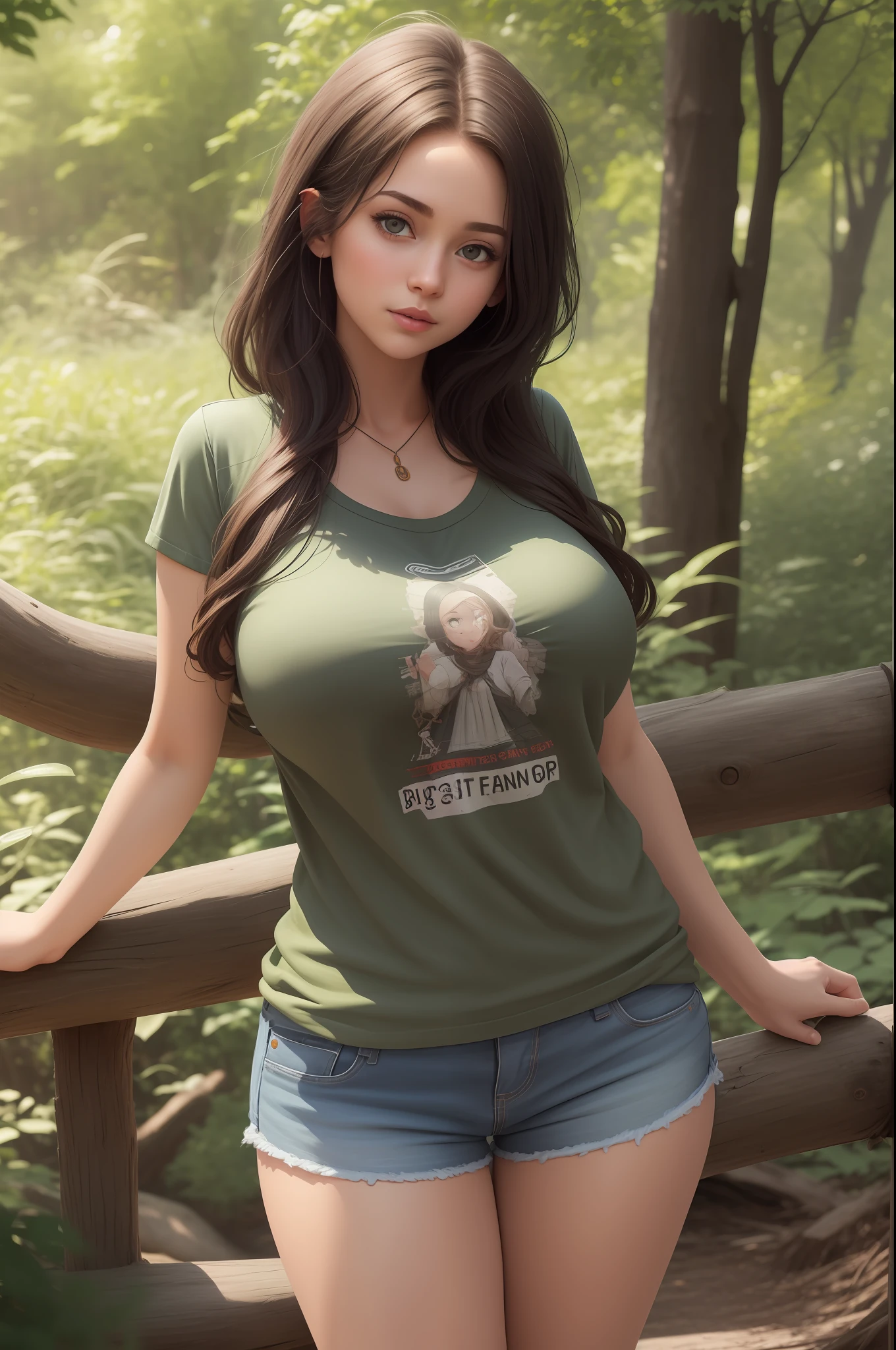 （best qualtiy），big headed，（1 girl with huge breasts：1.3）In shorts with T-shirt in nature，ragged attire