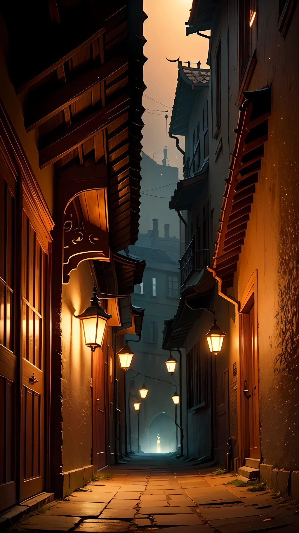 Imagine a deserted medieval alley in a dnd setting, illuminated by the light of the twilight sun, the lamps are lit, casas belas  bem detalhadas, imagem hiper detalhada, epic image of D&D. Wallpaper. --auto