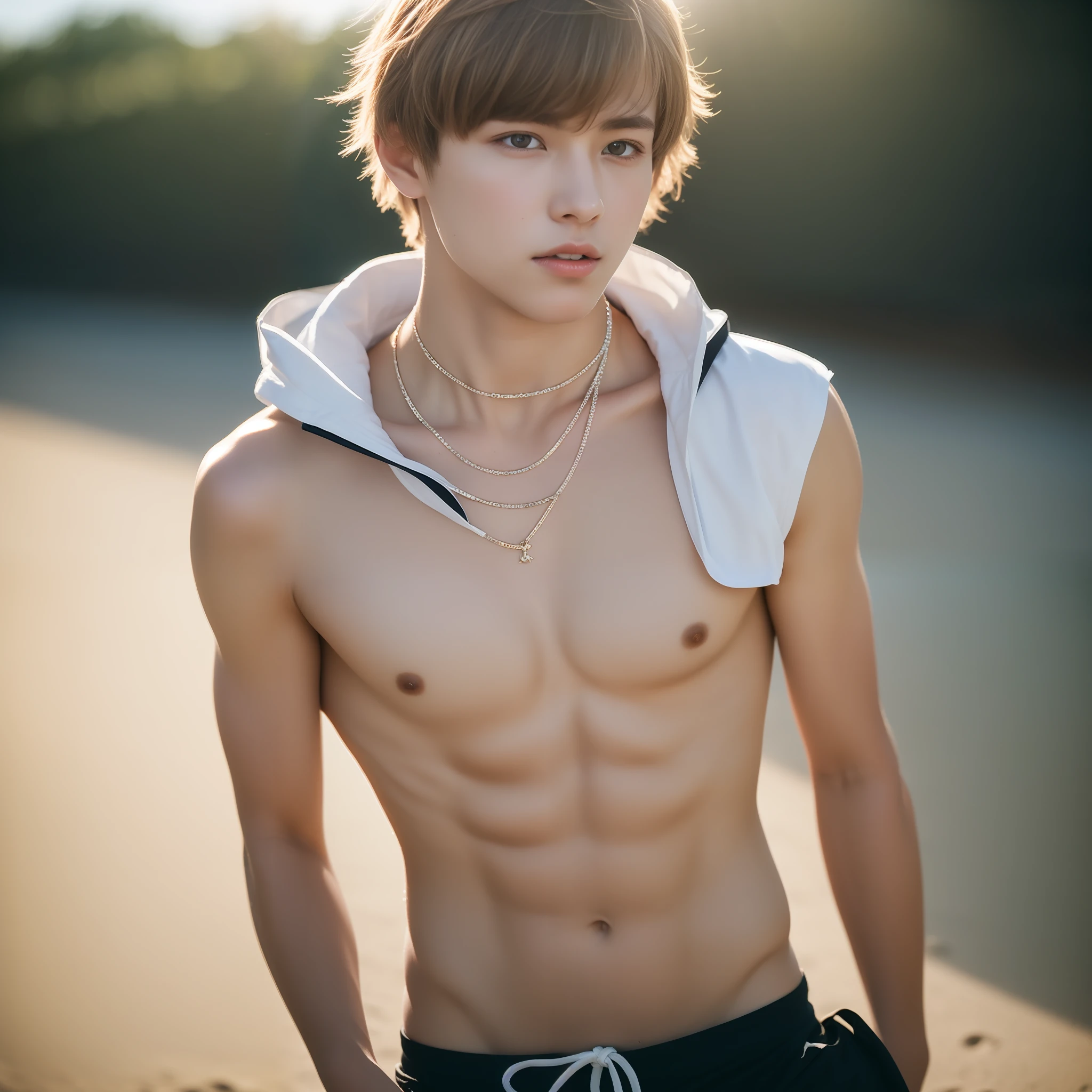 Superb, stunning, ultra high image quality, realistic, a 18 yo boy, (beautiful face 1.4), (big, constricted waist), blond hair, beach, surf pants, necklace, bokeh, beautiful light, shiny skin, small head, shirtless,