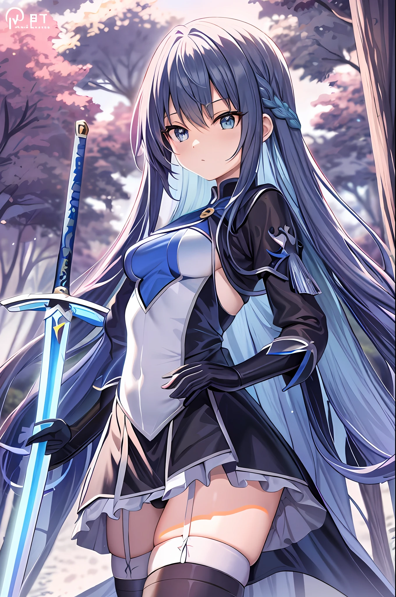 Menina anime com cabelo azul e espada na floresta, Aqua, Konosuba, deusa anime, Hestia, portrait knights of zodiac girl, arte da capa da light novel, arte de anime limpa e detalhada, segurando uma espada em seu ombro, she is holding a sword, Asuna Yuuki, epic light novel art cover, arte cg anime suave, arte oficial altamente detalhada