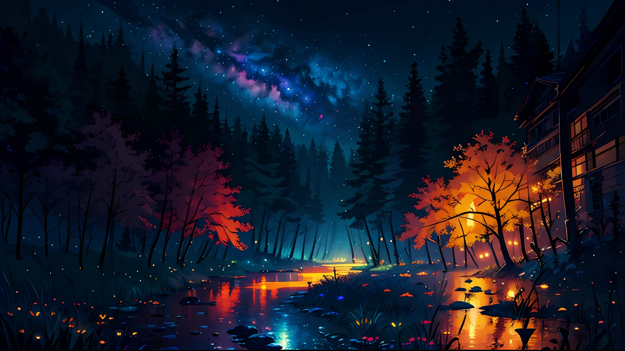 illustration, cartoon, soothing tones, calm colors, (anime), (illustration), cartoon, detailed, masterpiece, beautiful landscape, forest, pond, pathway,night, nebula, starry sky, 8k, best quality, dark shot, detailed