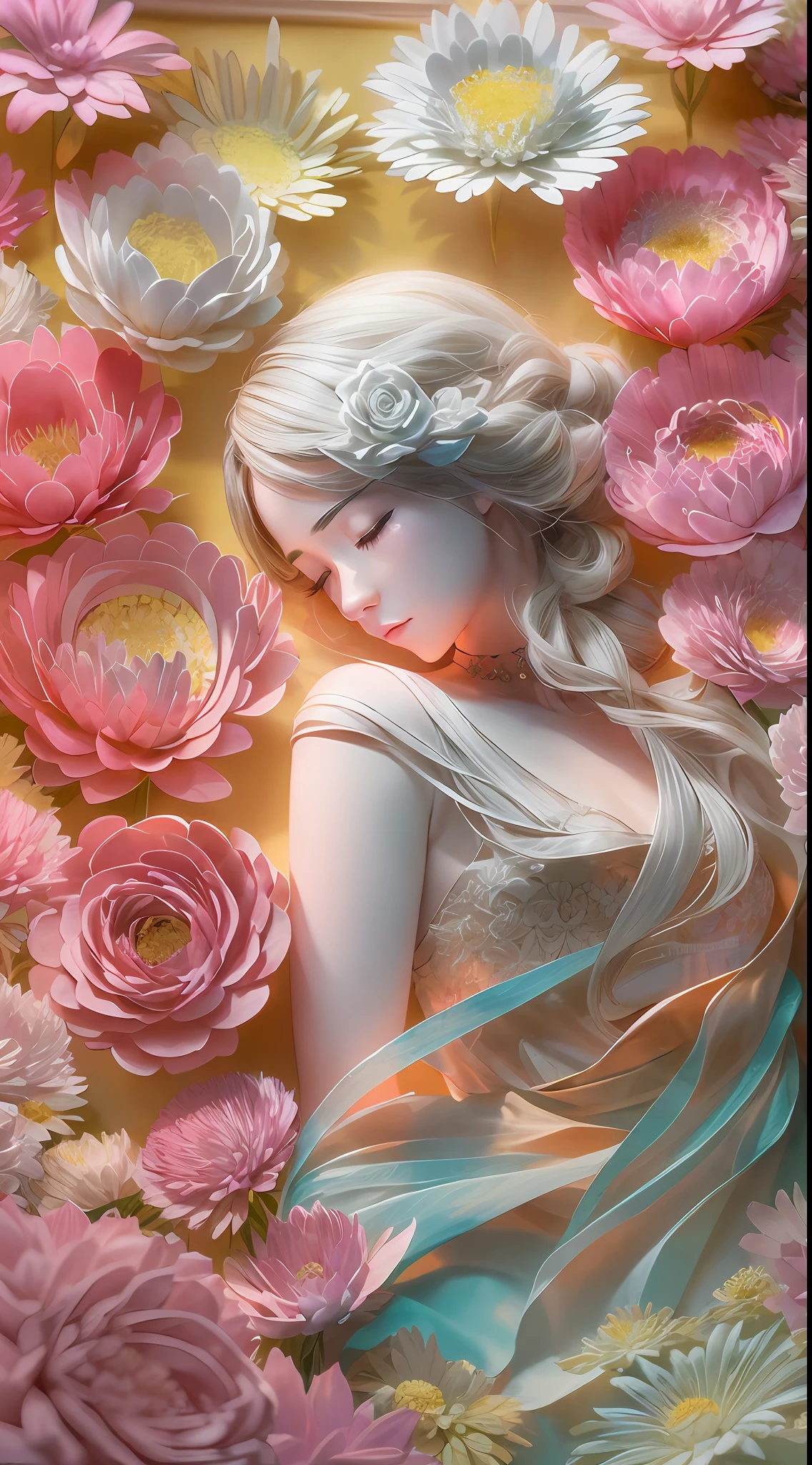 (illustration: 1.3), paper art, 3D rendering of, Colorful background, (Beautiful side face, closing her eyes: 1.3), (Rose: 1.2) (chrysanthemums: 1.2), Colorful, Best quality, Detailed details, Masterpiece, offcial art, movie light effect, 4K, Chiaroscuro , Flash