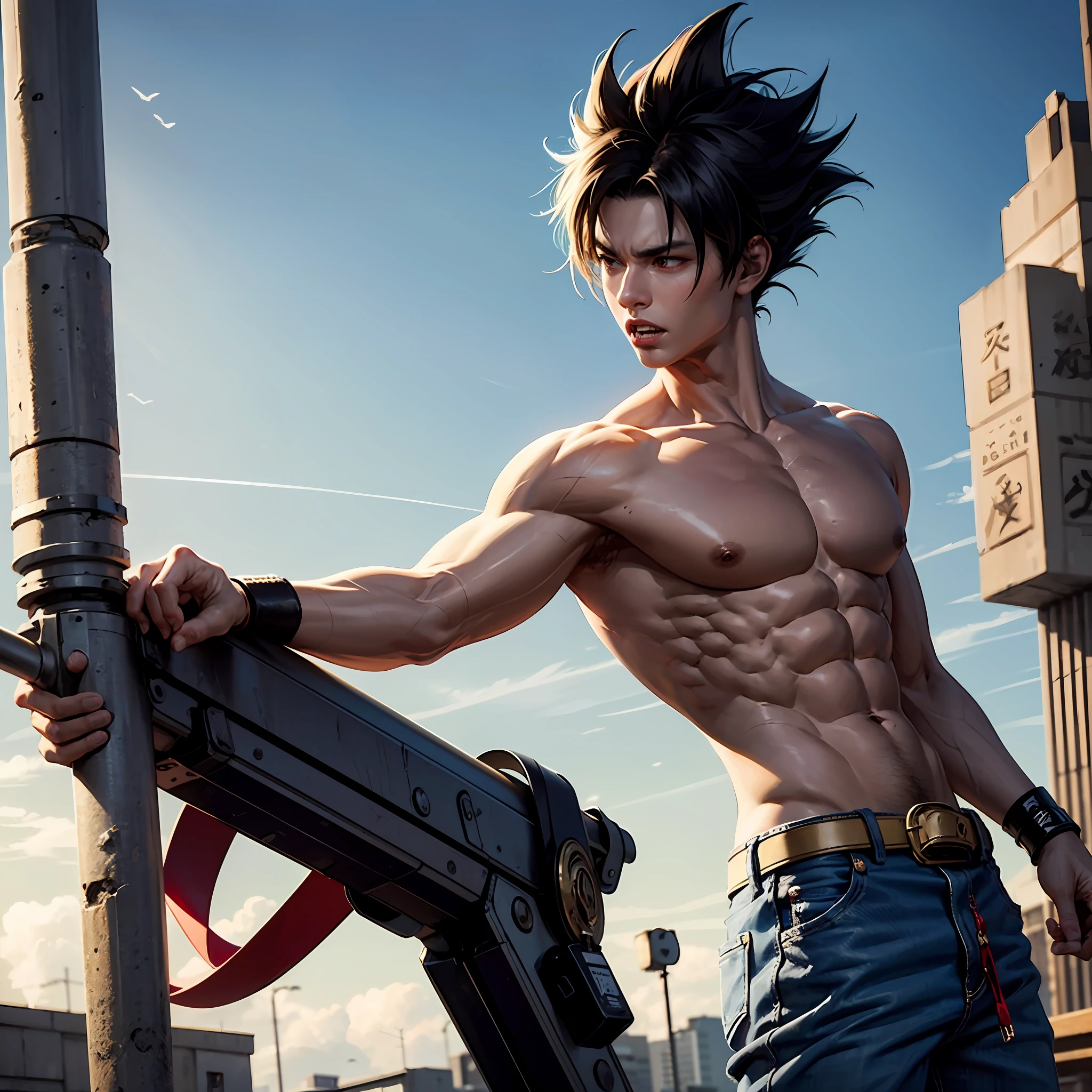 Wukong，1boy，irate，combat damage，Blue belt，clench one's teeth，irate，red eyes，malefocus，musculous，big muscular male，chest muscle，obi strip，独奏，spiked hair，SuperSaiyan，Super Saiyan Blue，ripped clothing，Wristbands，（（tmasterpiece）） --auto