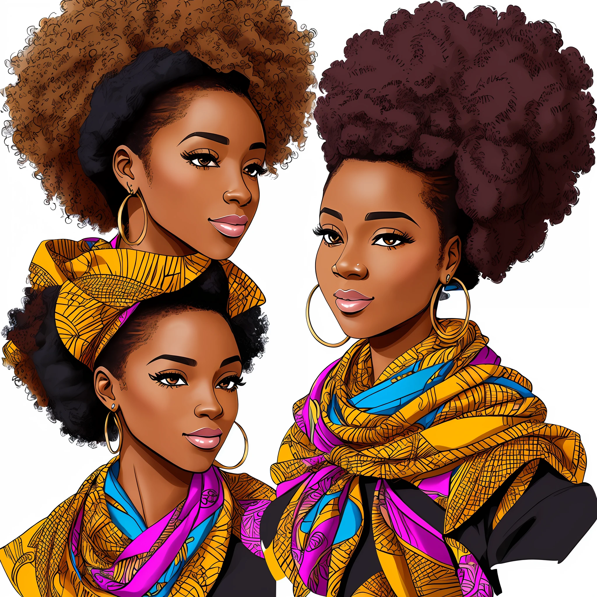 drawing of an african woman, big afro hair, messy updo, wearing kneck scarf and off the shoulder shirt, style of gabriel union, intricate facial detailing in vibrant caricature textual brushstroke texture 50 --auto --s 2