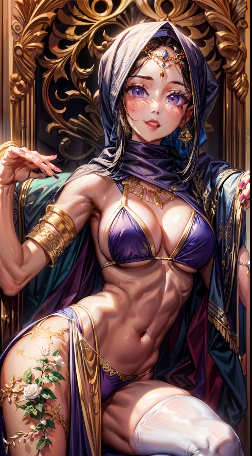 1girl, Arabian, wearing a luxurious silk Hijab, vibrant purple bikini, elegantly manicured nails, white stockings, captivating red lips, ample bosom with flawless proportions, seated gracefully on a gilded throne, exuding confidence with a captivating smile, making eye contact with the viewer