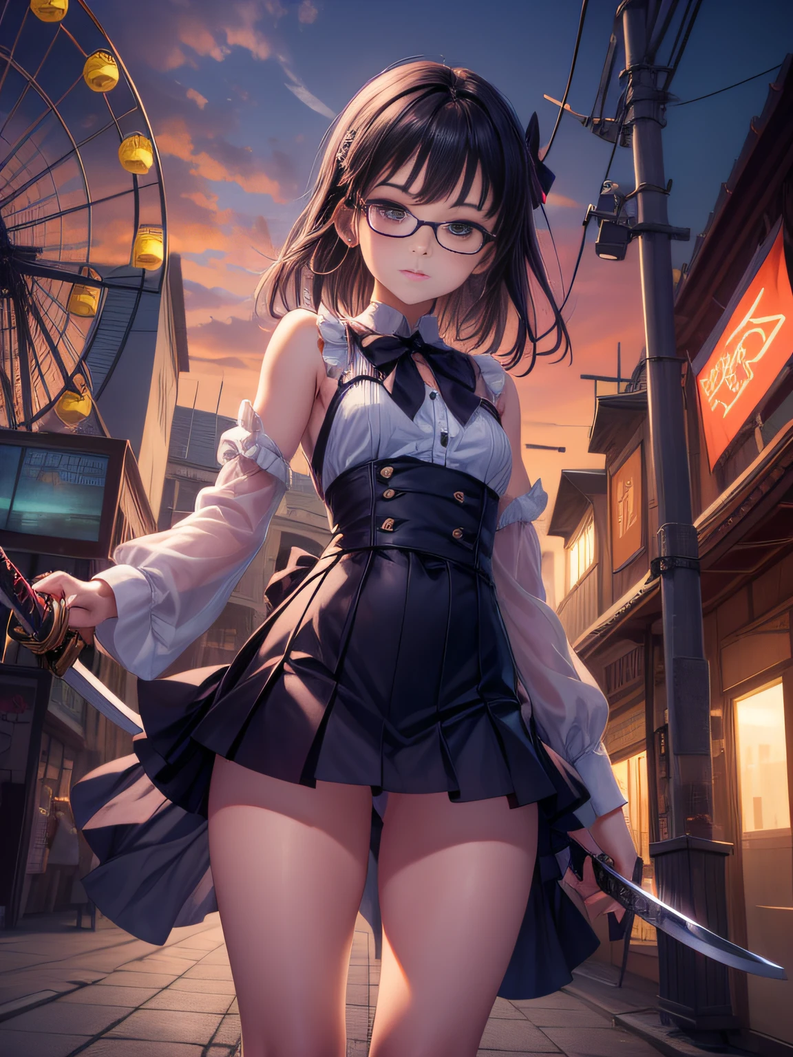anime girl with sword in front of a ferris wheel with a red sky in the background, Black hair,gapmoe yandere grimdark, bob cuts, Gapmoe Yandere, yandere, yandere. tall, Light Novel Cover Art, chainsaw sword katana, visual novel cg, inspired by Jin Homura, Crazy girl summons her death slim legs、skinny thigh,small tits,eye glasses,
