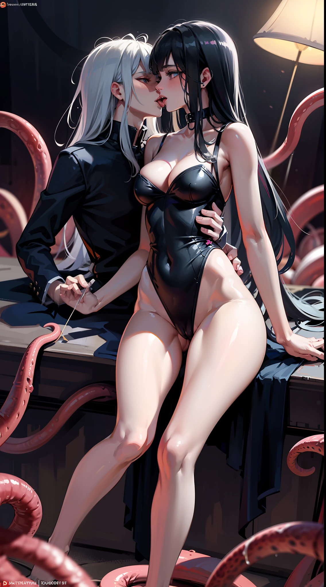 best qualtiy，tmasterpiece，high detal，most realistic，k hd，a matural female，perfect body figure，Wearing a pink tentacle suit，Moist black translucent mucus，Squirming stout tentacles，Indecent masturbation，full bodyesbian，WLOP Glow Skin，porn pose，Erotic emoticons，Eyes up，Pupil upturned，Stick out your tongue，Thighs apart，legs in M shape，one's，Put your fingers in your mouth and kiss，Make love moans with tentacles