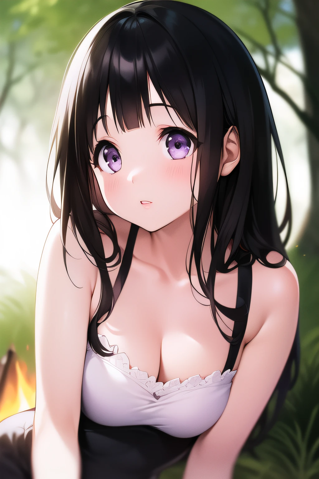 (A superb exquisite Chitanda Eru), purple eyes, black hair, natural straight hair, straight bangs, solo, (camping), nature, (campfire), extremely delicate, straight facial features, peerless beautiful girl, soft, (sensual face), ((ecchi face)), dreamy quality, exaggerated facial features, solid color, frank holly, delicate face, bright lips, slender waist, soft curves, real light and shadow, super fine, 4k, natural moving, Ultra high resolution, (masterpiece:1.2, best quality), (finely detailed beautiful eyes: 1.2), (beautiful detailed face)