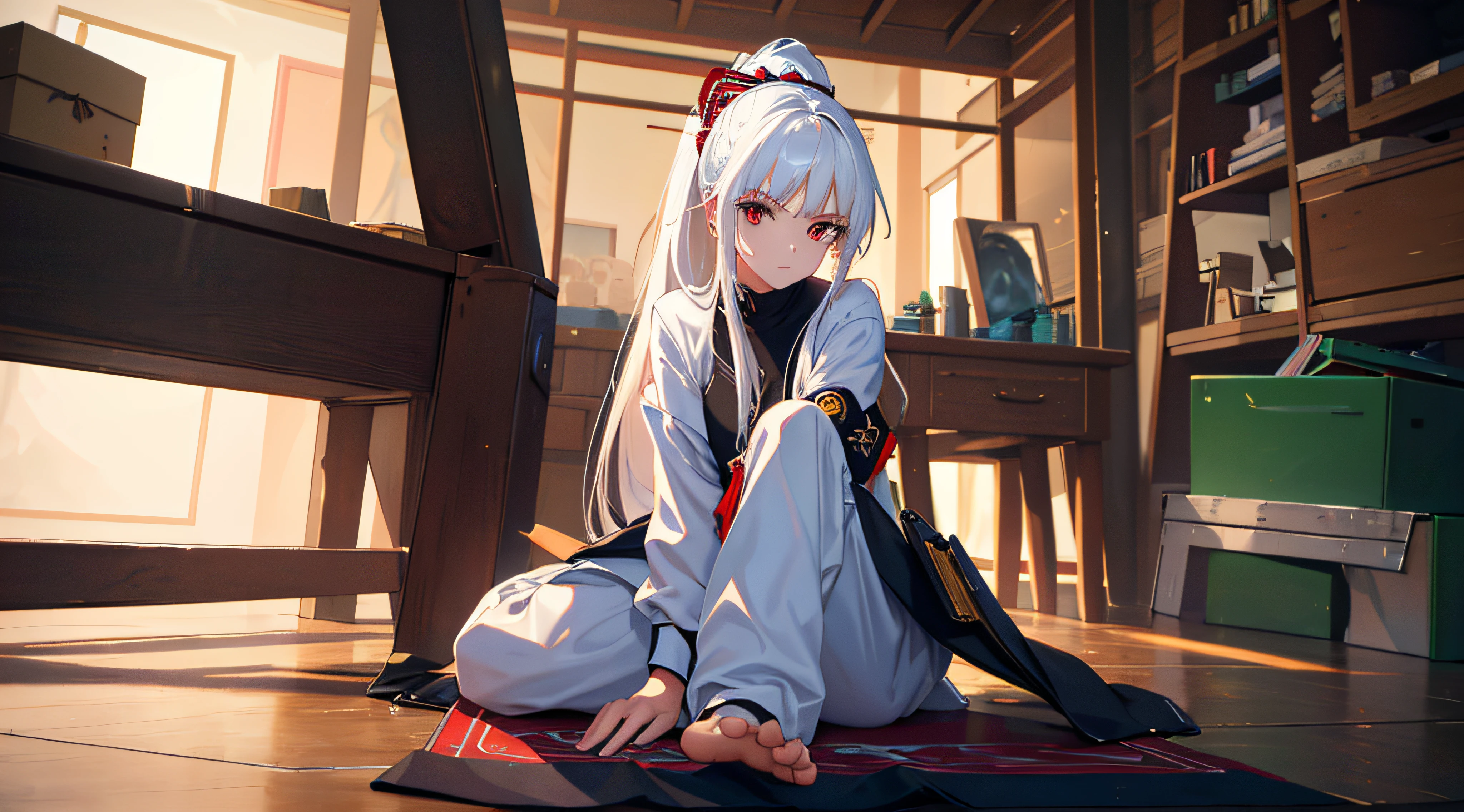 ((masterpiece))),(((best quality))),(((extremely detailed))),illustration, 1girl,solo,mysterious,vivid color,shiny, (white hair),(red eyes), full body,barefoot,ponytail hair, bedroom, badass, serious face, casual outfit, (((Box composition))), detailed eyes, hyper detailed, highly detailed, beautiful, small details, ultra detailed, best quality, intricate, 4k, 8k, good anatomy, best anatomy, beautiful lighting,
