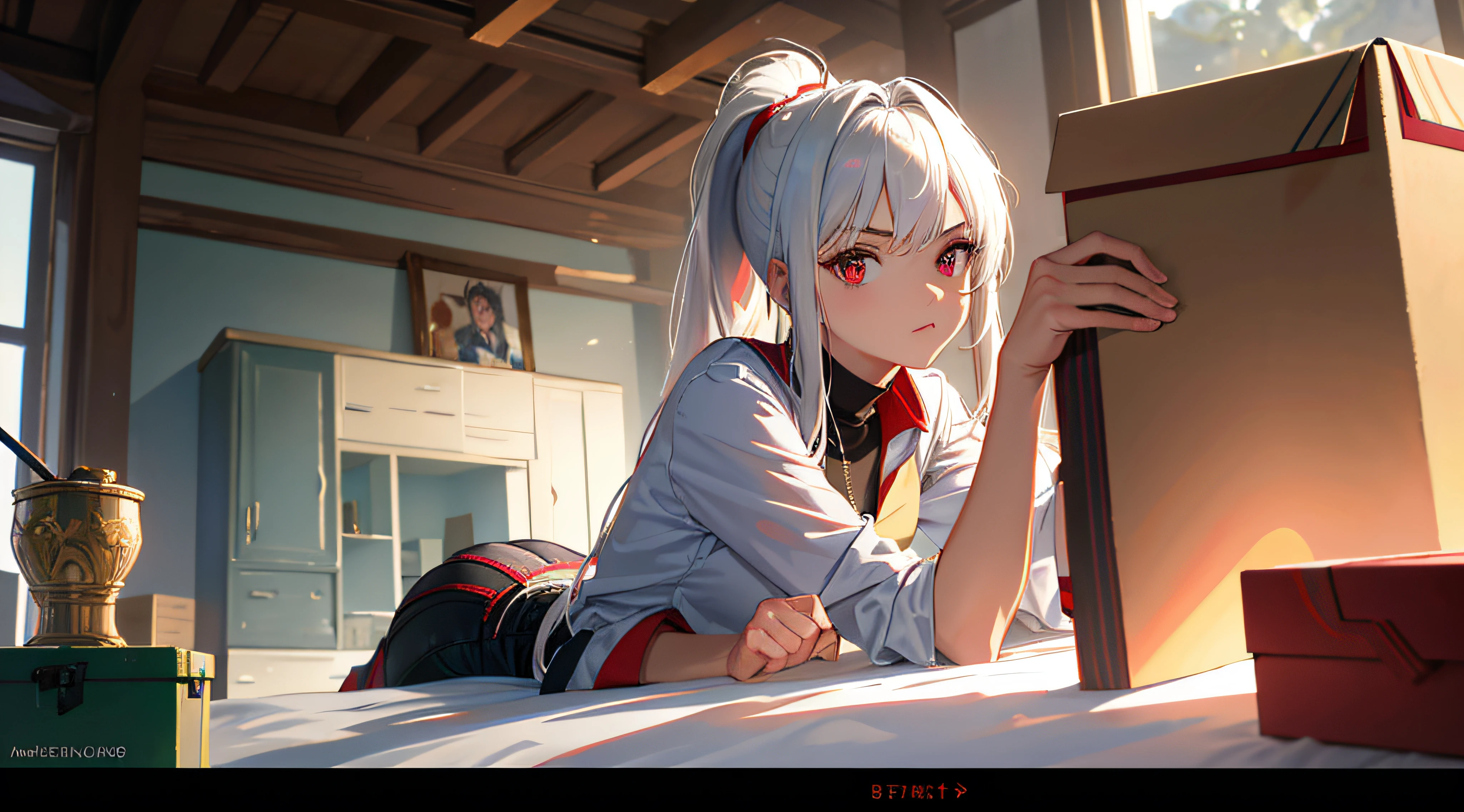 ((masterpiece))),(((best quality))),(((extremely detailed))),illustration, 1girl,solo,mysterious,vivid color,shiny, (white hair),(red eyes), full body,barefoot,ponytail hair, bedroom, badass, serious face, casual outfit, (((Box composition))), detailed eyes, hyper detailed, highly detailed, beautiful, small details, ultra detailed, best quality, intricate, 4k, 8k, good anatomy, best anatomy, beautiful lighting,