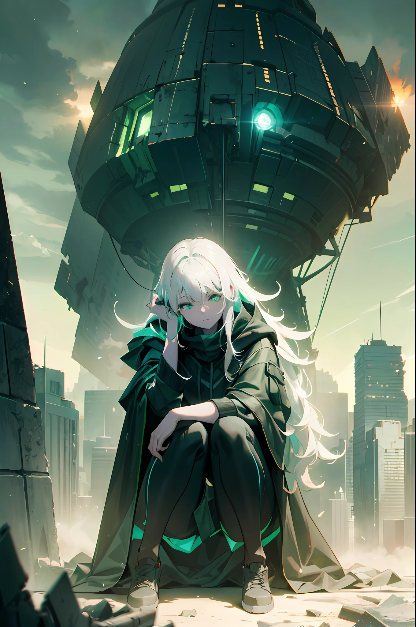 Smoke, (war:1.5), postapocalypse, ((Green Dawn:1.3)), Green sky, green light, The ruined backdrop of the city, ((spaceship in the sky)), science-fiction, (shapely body: 1.4), a 1girl, sitting on the rubble of a building, (Long white hair:1.4), (Cyan eyes), Detailed eyes and face, Black pants, black big sweatshirt, hood, Cyberpunk clothes, (clothes in black and white colors), black cloak, city   of the future, Sad look, bruises under the eyes, Destroyed skyscrapers, Wire, HDR (High Dynamic Range), ray traced, NVIDIA RTX, Over-resolution, Unreal 5, sub-surface Scattering, текстурирование PBR, postprocessed, Anisotropic filtering, Depth of field, Maximum clarity and sharpness, Multi-layer Textures, Albedo and specular maps, Surface shading,  Accurate Light-Material Interaction Simulation, Octane rendering, duotone lighting, Low ISO, White balance, the rule of thirds, Wide aperture, 8K RAW, efficient sub-pixel, sub-pixel convolution, (luminescent particles: 1.4), {{tmasterpiece, beste-Qualit, extremely detailed CGI, Unity 8k壁纸, 3d, 电影灯光, lens flares}},