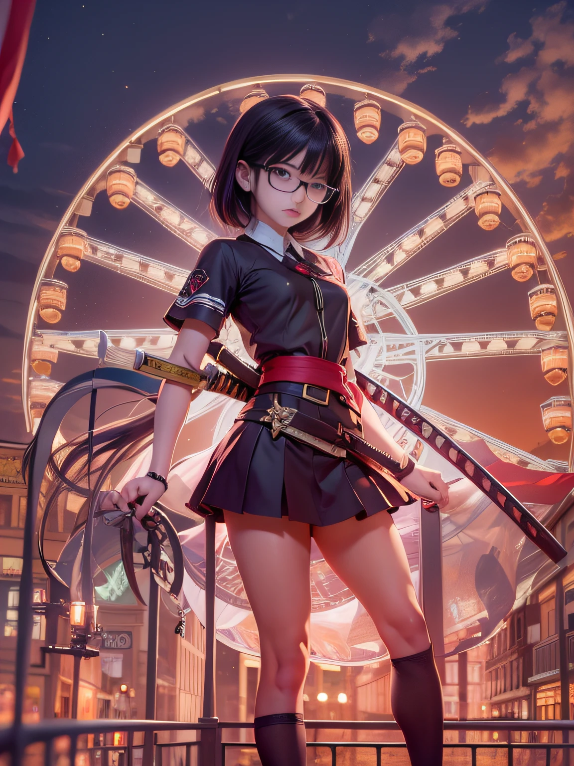 Girl in uniform holding sword in front of Ferris wheel against red sky, Black hair,Blunt bangs, bob cuts, Gapmoe Yandere, yandere, yandere. tall, Light Novel Cover Art, chainsaw sword katana, visual novel cg, inspired by Jin Homura, Crazy Girl summons her slim feet of death、skinny thigh,small tits,eye glasses,