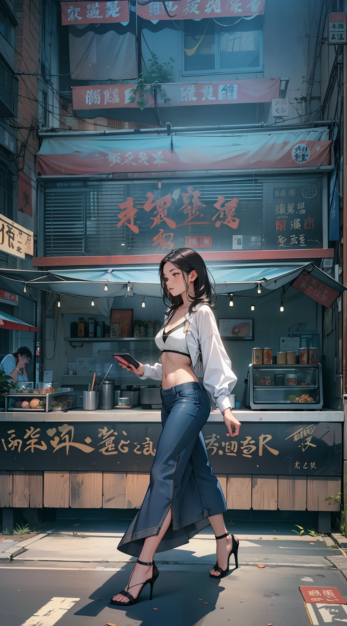 （（best qualtiy））， （（tmasterpiece））， （A detailed：1.4），（（full bodyesbian）），Enhanced dynamic perspective，beautiful sexy girl，夏天，Denim long skirt，，Lateral face，high-heels，Cool dragging，（Lunette de soleil），Come to me，（Future sci-fi city street，Egg-shaped building），（Sitting at a street coffee stall drinking coffee），（（Lateral face）），Street photography，Bright colors，nighttime scene，high qulity，super-fine，Detailed pubic hair，Accurate，Cinematic lighting，