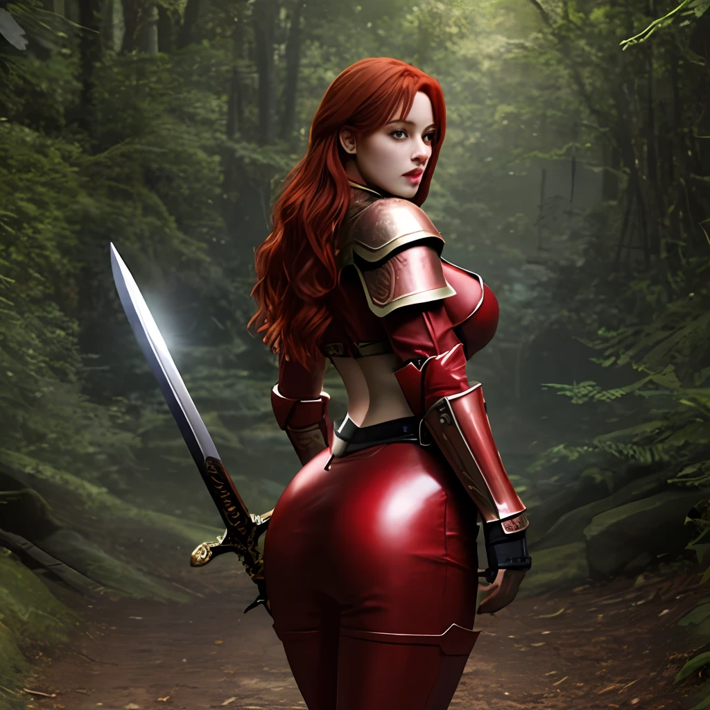 huge sexy breasts, huge sexy ass, woman in leather outfit holding a sword, redhead queen in red armor, female redhead templar, red haired goddess, photo realistic, hd 4k, best quality, hyper realistic, masterpiece