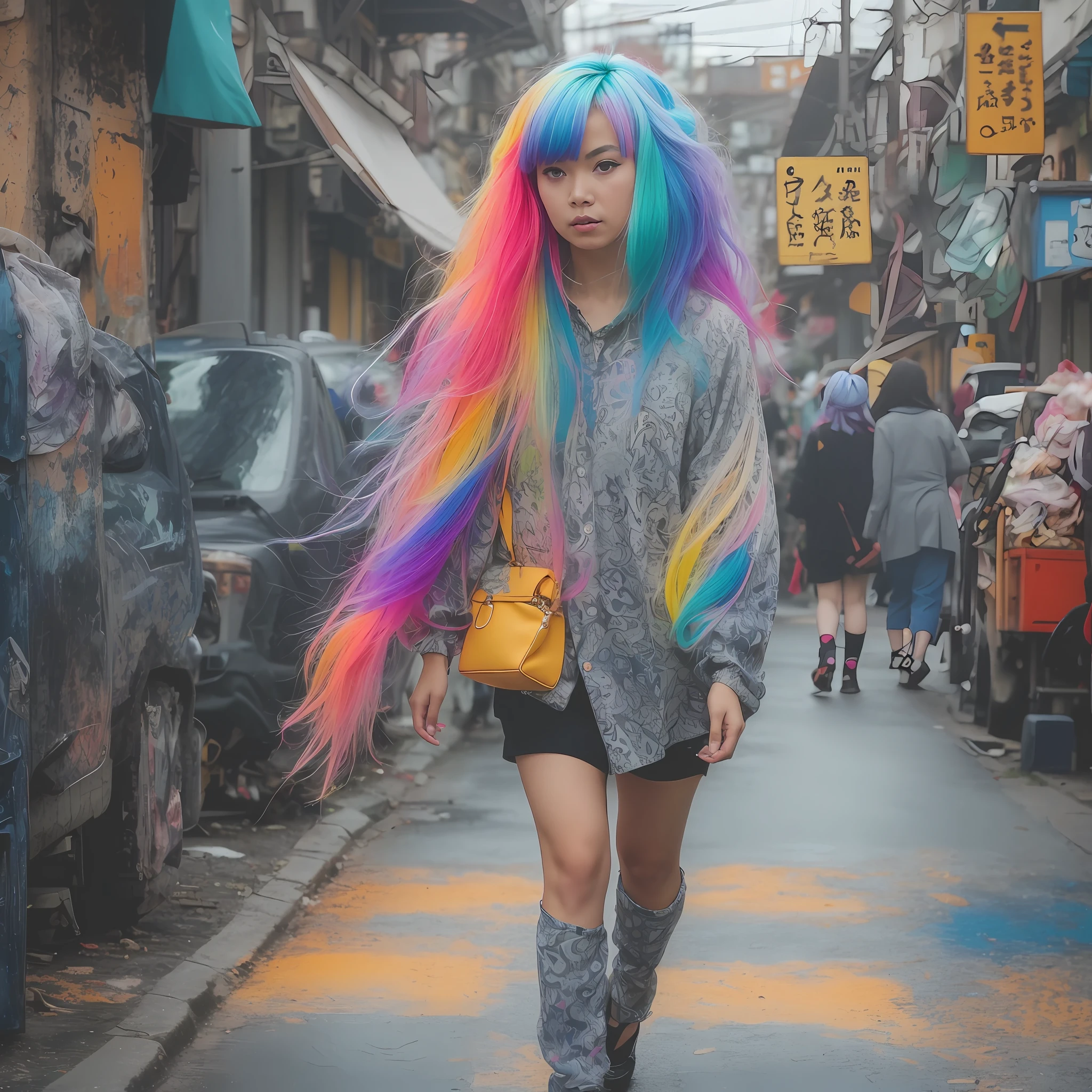 araffe with colorful hair walking down a street in a city, grungy woman with rainbow hair, colourful long hair, with sprouting rainbow hair, harajuku hair, long glowing colourful hair, colorful pigtail, colorful fashion, hyper colorful, super colorful, rainbow hair overlay, rainbow colored hair, clouds of vivid horse-hair wigs, very colorful