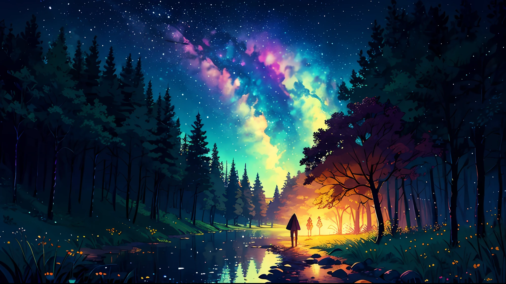 illustration, cartoon, soothing tones, calm colors, (anime), (illustration), cartoon, detailed, masterpiece, beautiful landscape, forest, pond, pathway,night, nebula, starry sky, 8k, best quality, dark shot, detailed