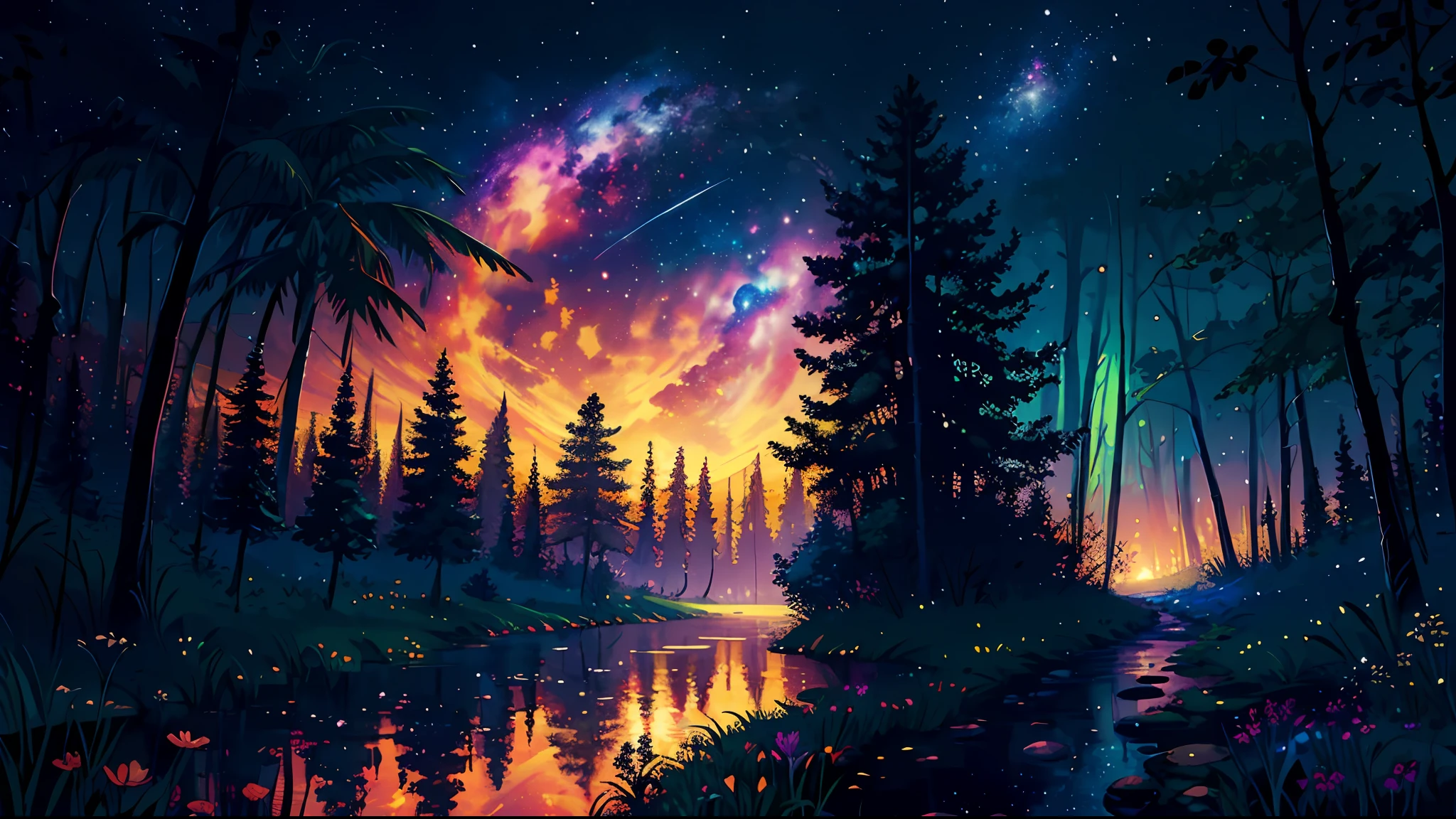 illustration, cartoon, soothing tones, calm colors, (anime), (illustration), cartoon, detailed, masterpiece, beautiful landscape, forest, pond, pathway,night, nebula, starry sky, 8k, best quality, dark shot, detailed