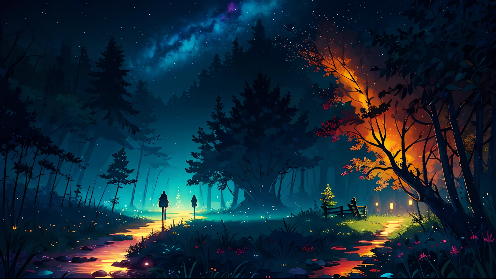 illustration, cartoon, soothing tones, calm colors, (anime), (illustration), cartoon, detailed, masterpiece, beautiful landscape, forest, pond, pathway,night, nebula, starry sky, 8k, best quality, dark shot, detailed