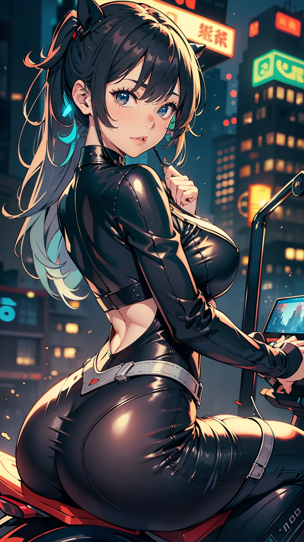 Highest image quality,Outstanding details,超高分辨率,(Fidelity:1.4),The best illustration,Favor the details,Highly cohesive 1girl,He has a delicate and beautiful face,Dressed in a black basket-colored mech,Wear tight black leather pants,The body is very hot,winking at the camera,dual horsetail,Hold the direction controller,Riding on a motorcycle,The background is a high-tech lighting scene in the future city。(Bigchest)(big assa)(Caress your chest)(Pout your ass)