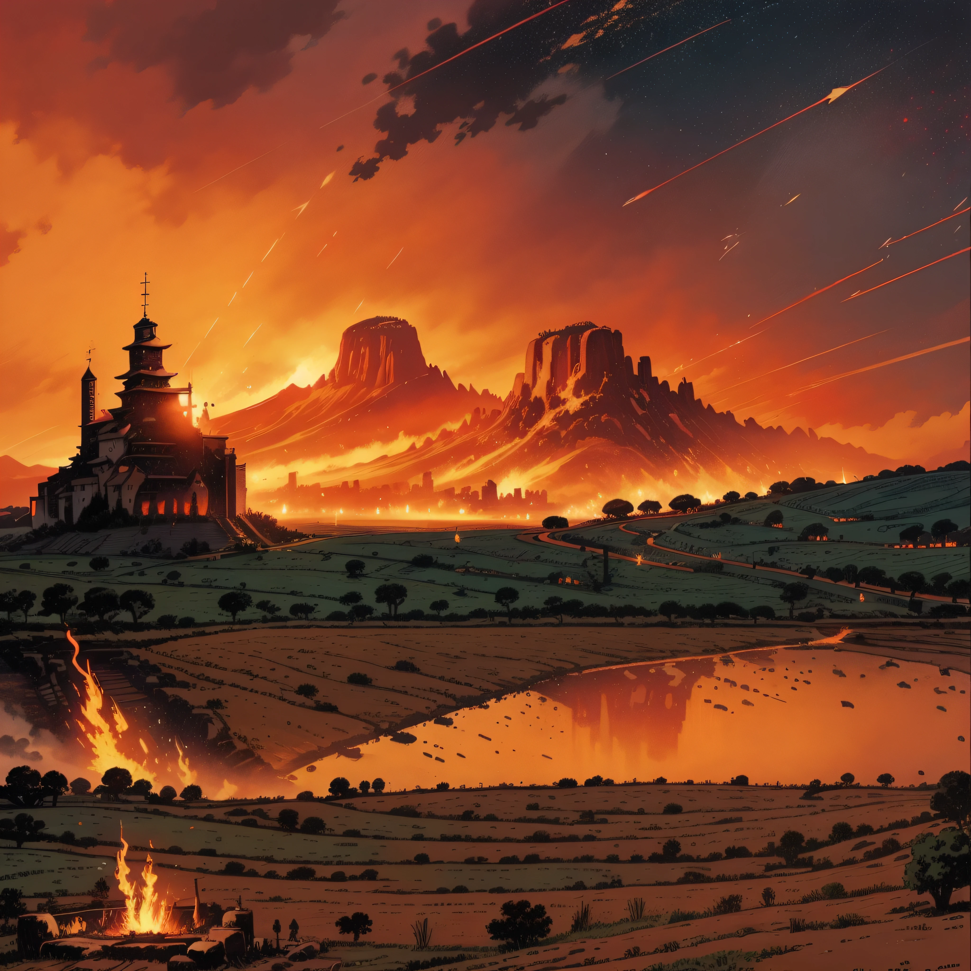 (obra-prima: 1.2, melhor qualidade), anime, (imagem anime, detalhes intrincados, profundidade de campo) Create an illustration of a medieval battlefield with red sky and raining fire arrows and surrounding an ancient city in the background