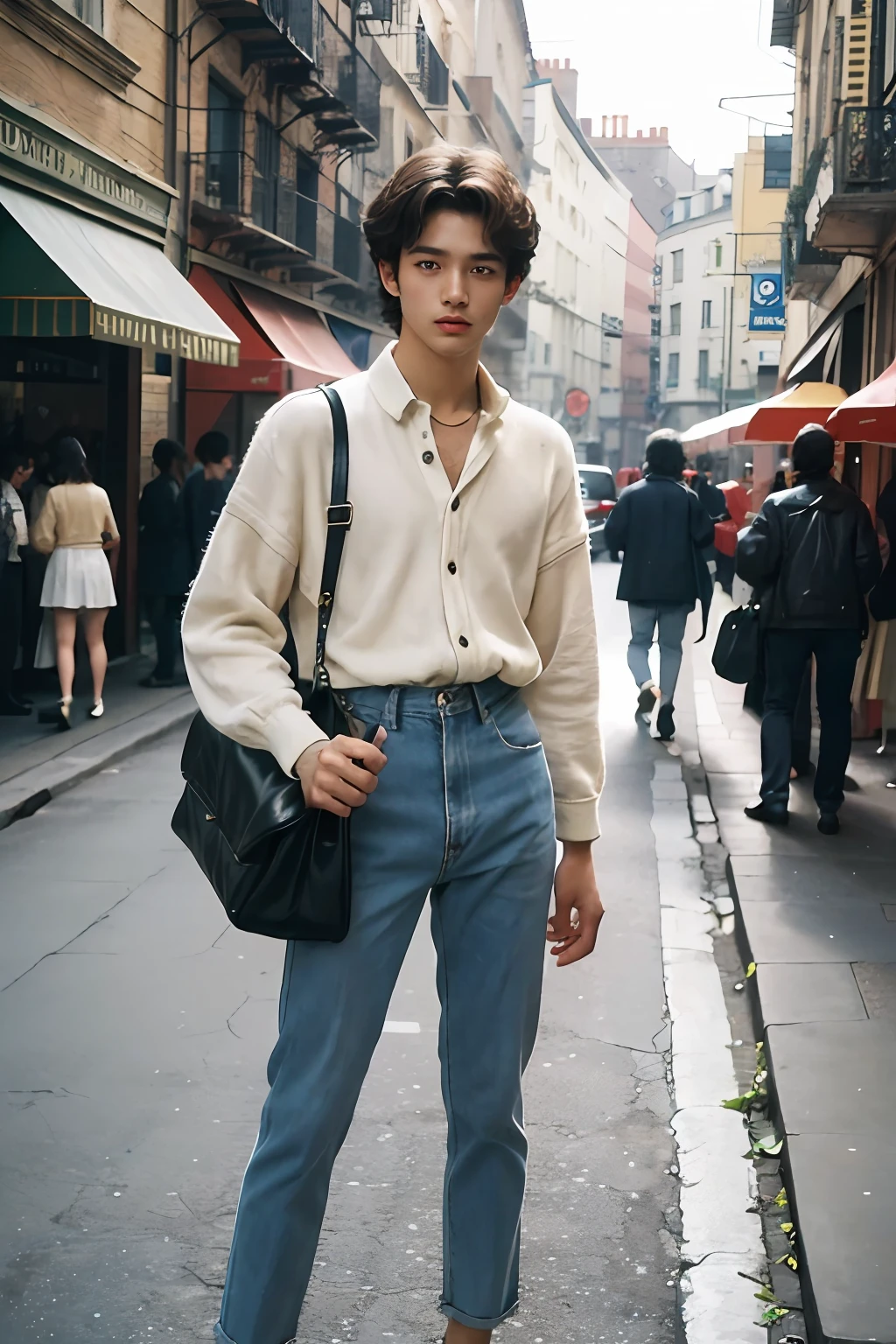 street snap, vintage street photography, (masterpiece), (1 teen male), ultra high quality, highly detailed, hq, fashion, 70s