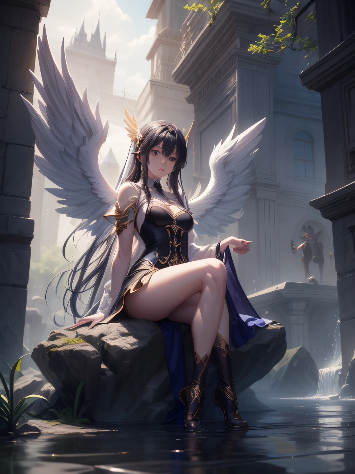 there is a woman with wings sitting on a rock in the water, angel knight girl, Angel Knight Gothic Girl, full - body majestic angel, of beautiful angel, Angel Girl, 2. 5 d cgi anime fantasy artwork, Super Wide Angel, a beautiful female angel, by Yang J, anime fantasy artwork, digital fantasy art ), anime fantasy illustration